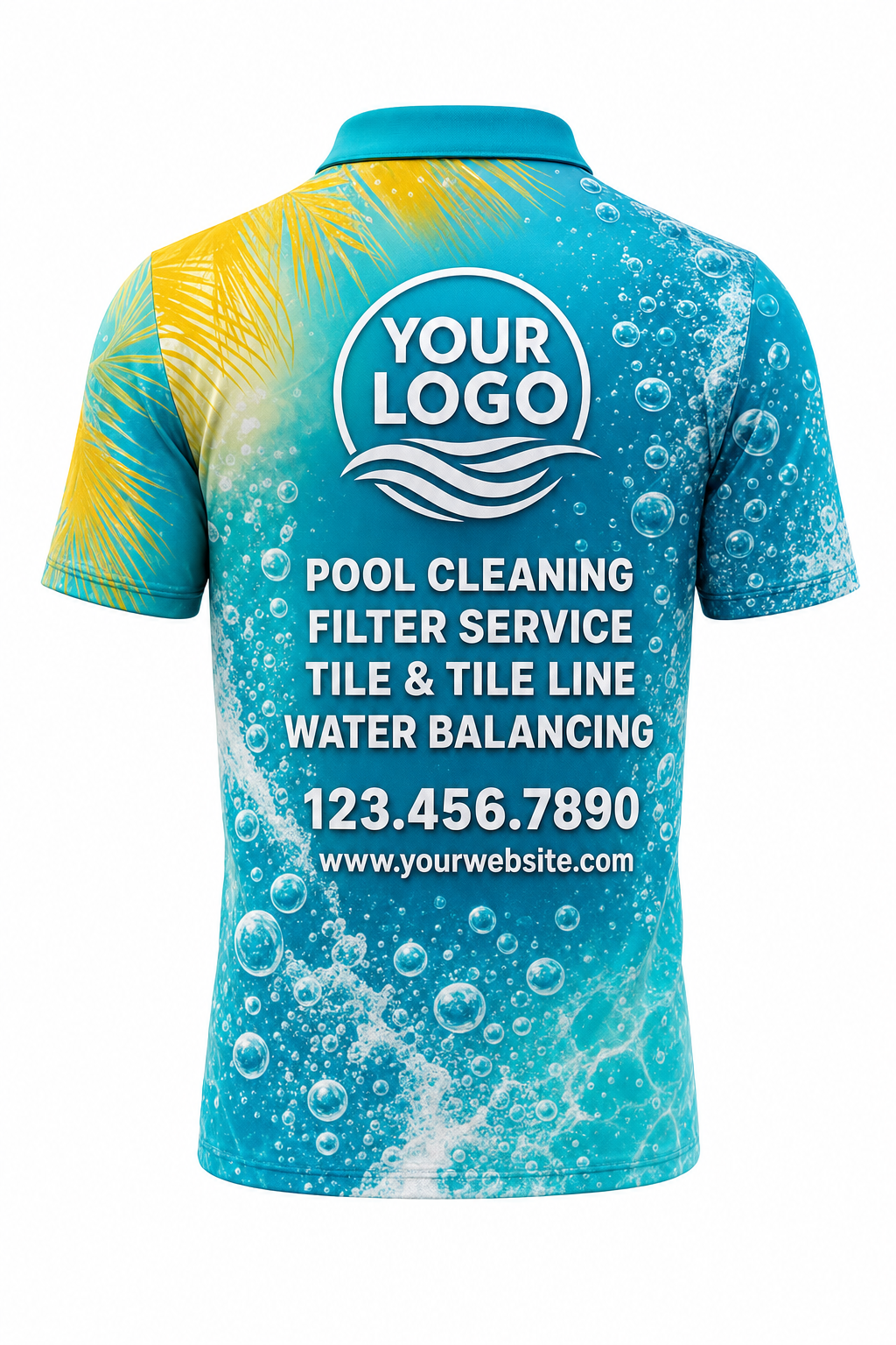 Tropical Bubbles custom pool cleaning crew uniform polo shirt — back (polo-back)