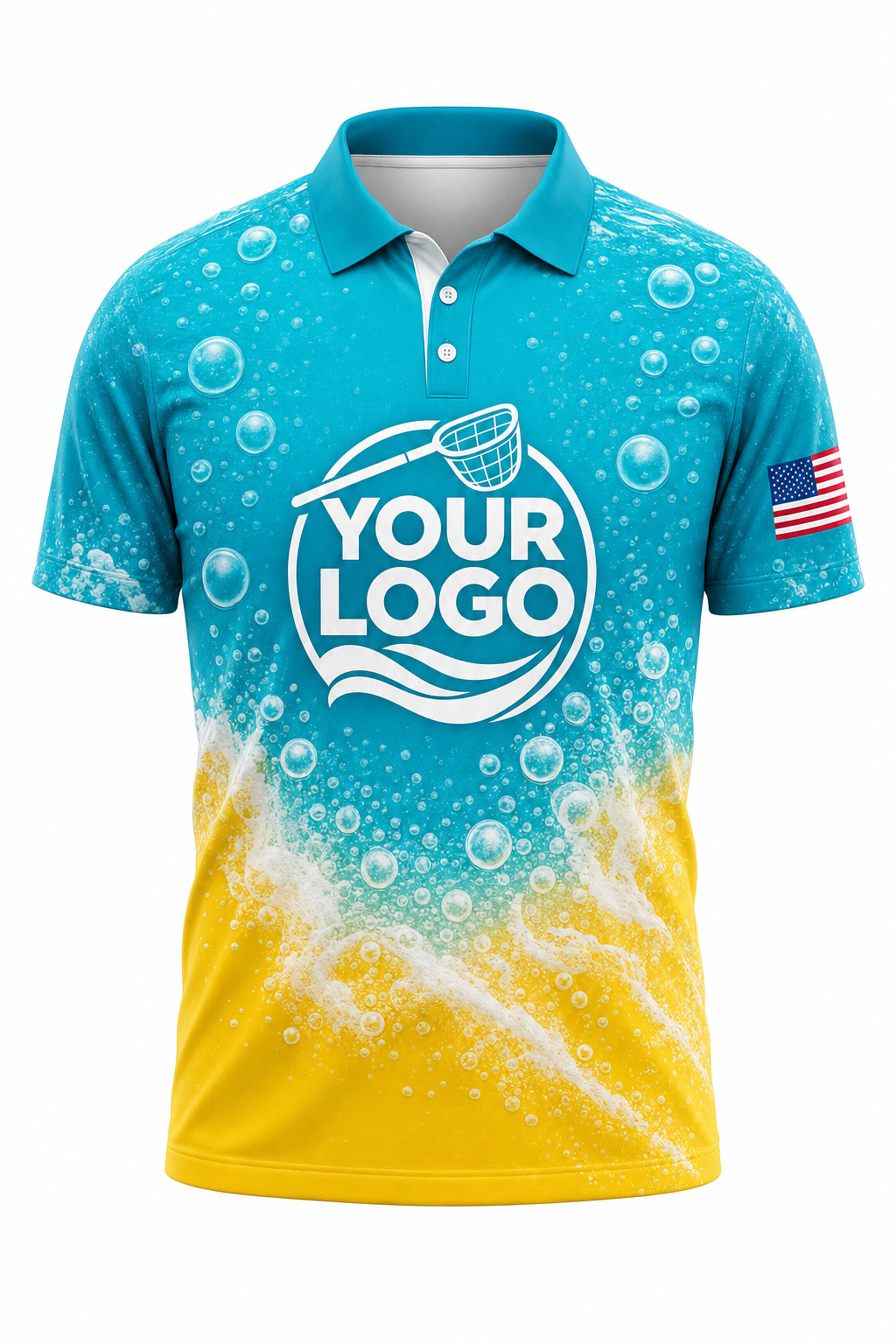Tropical Bubbles custom pool cleaning crew uniform polo shirt — front (polo-front)