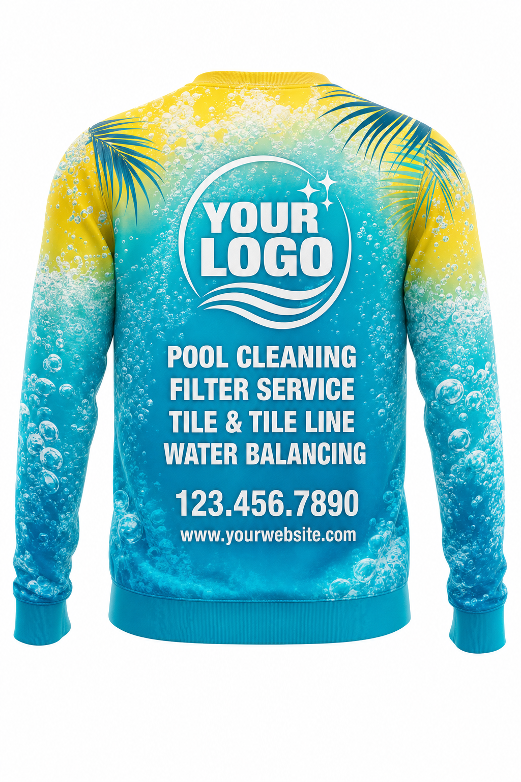Tropical Bubbles custom pool cleaning crew uniform sweatshirt — back (sweatshirt-back)