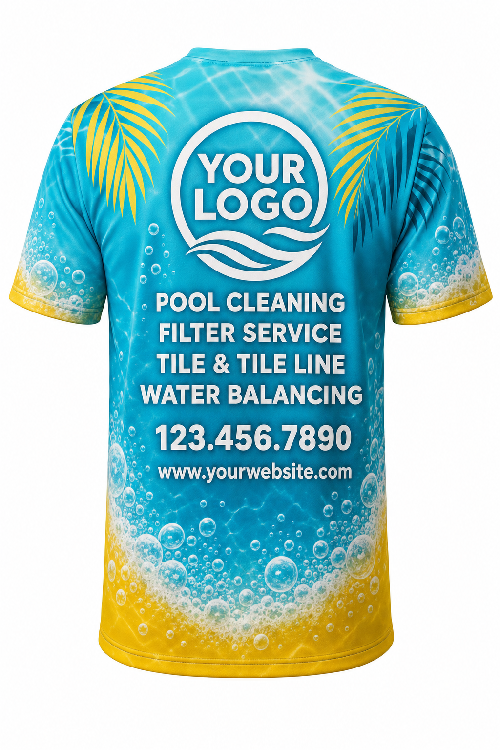 Tropical Bubbles custom pool cleaning crew uniform t-shirt — back (tee-back)