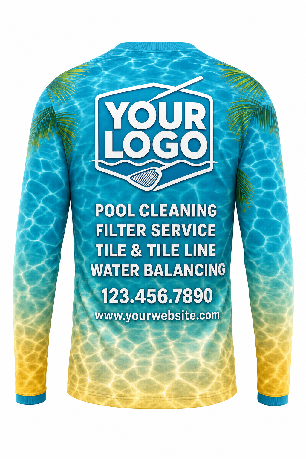 Tropical Caustics custom pool cleaning crew uniform long-sleeve shirt — back (longsleeve-back)