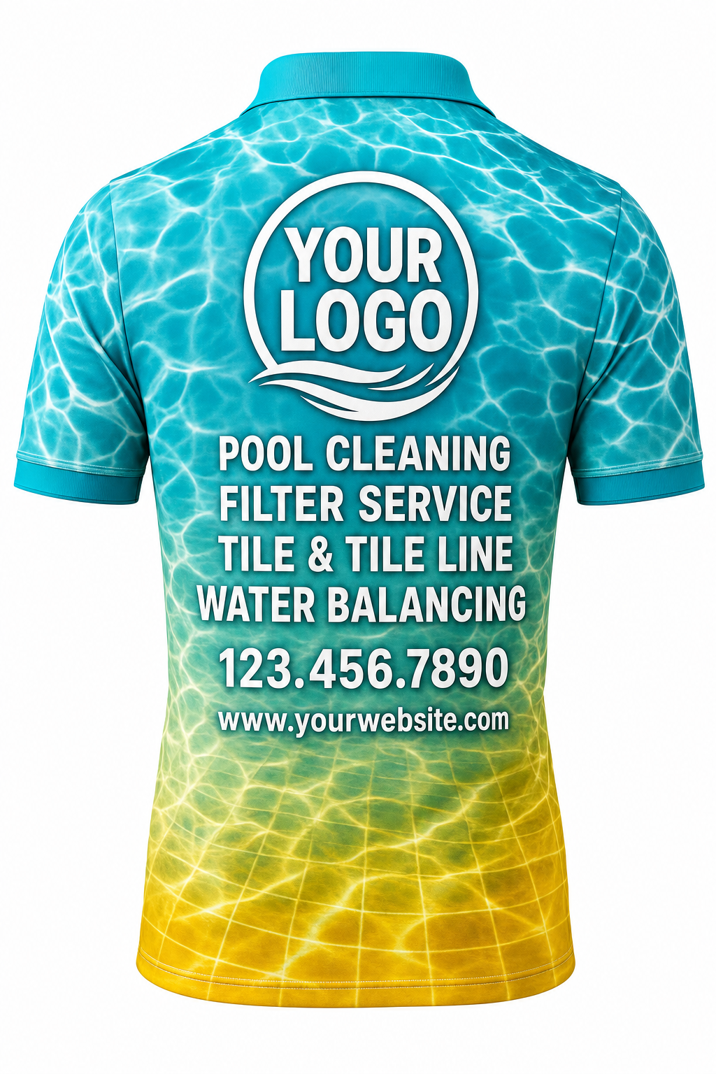 Tropical Caustics custom pool cleaning crew uniform polo shirt — back (polo-back)