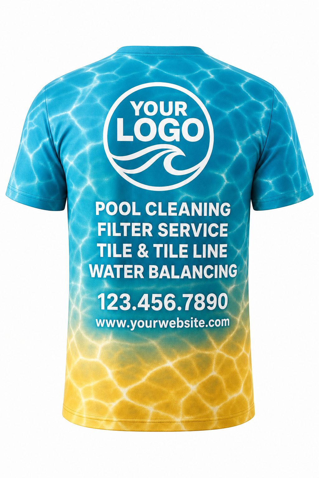 Tropical Caustics custom pool cleaning crew uniform t-shirt — back (tee-back)