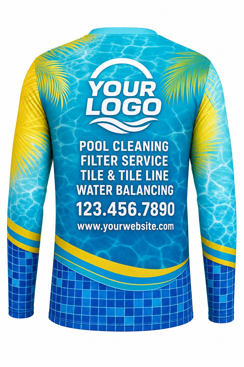 Tropical Mosaic custom pool cleaning crew uniform long-sleeve shirt — back (longsleeve-back)