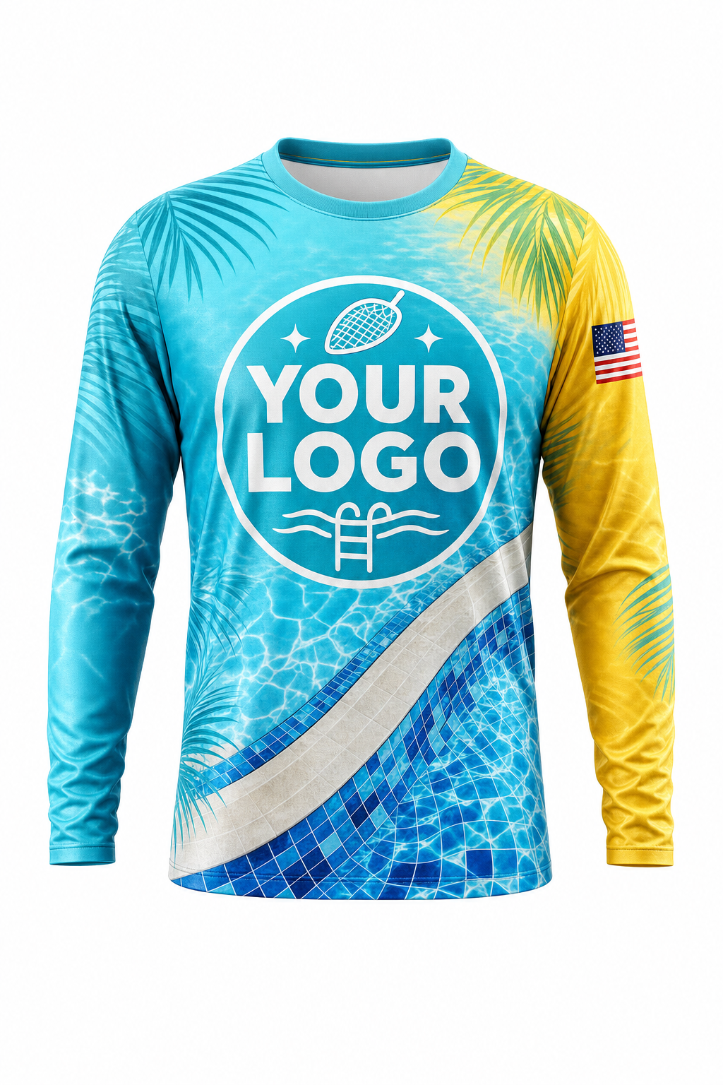 Tropical Mosaic custom pool cleaning crew uniform long-sleeve shirt — front (longsleeve-front)