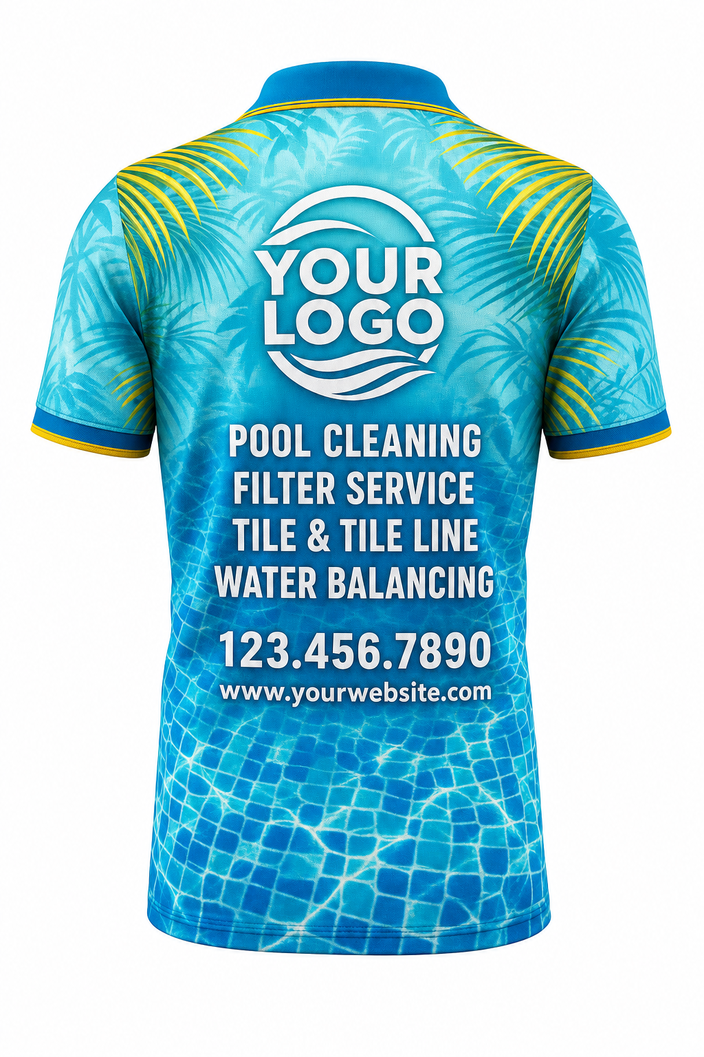 Tropical Mosaic custom pool cleaning crew uniform polo shirt — back (polo-back)