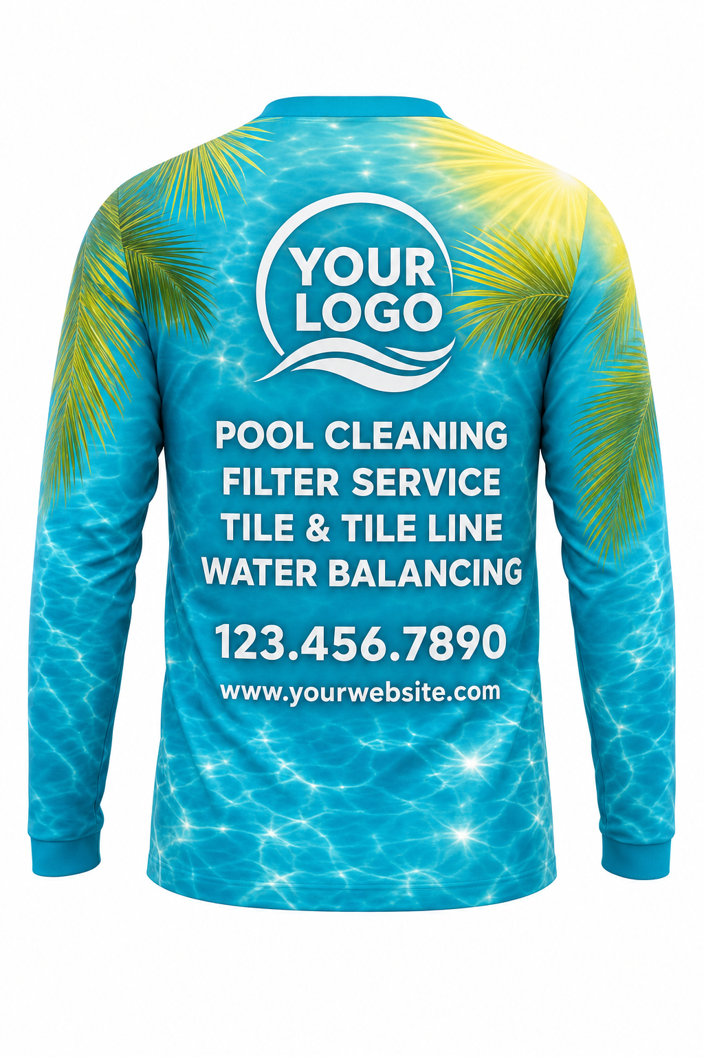 Tropical Sun Sparkle custom pool cleaning crew uniform long-sleeve shirt — back (longsleeve-back)