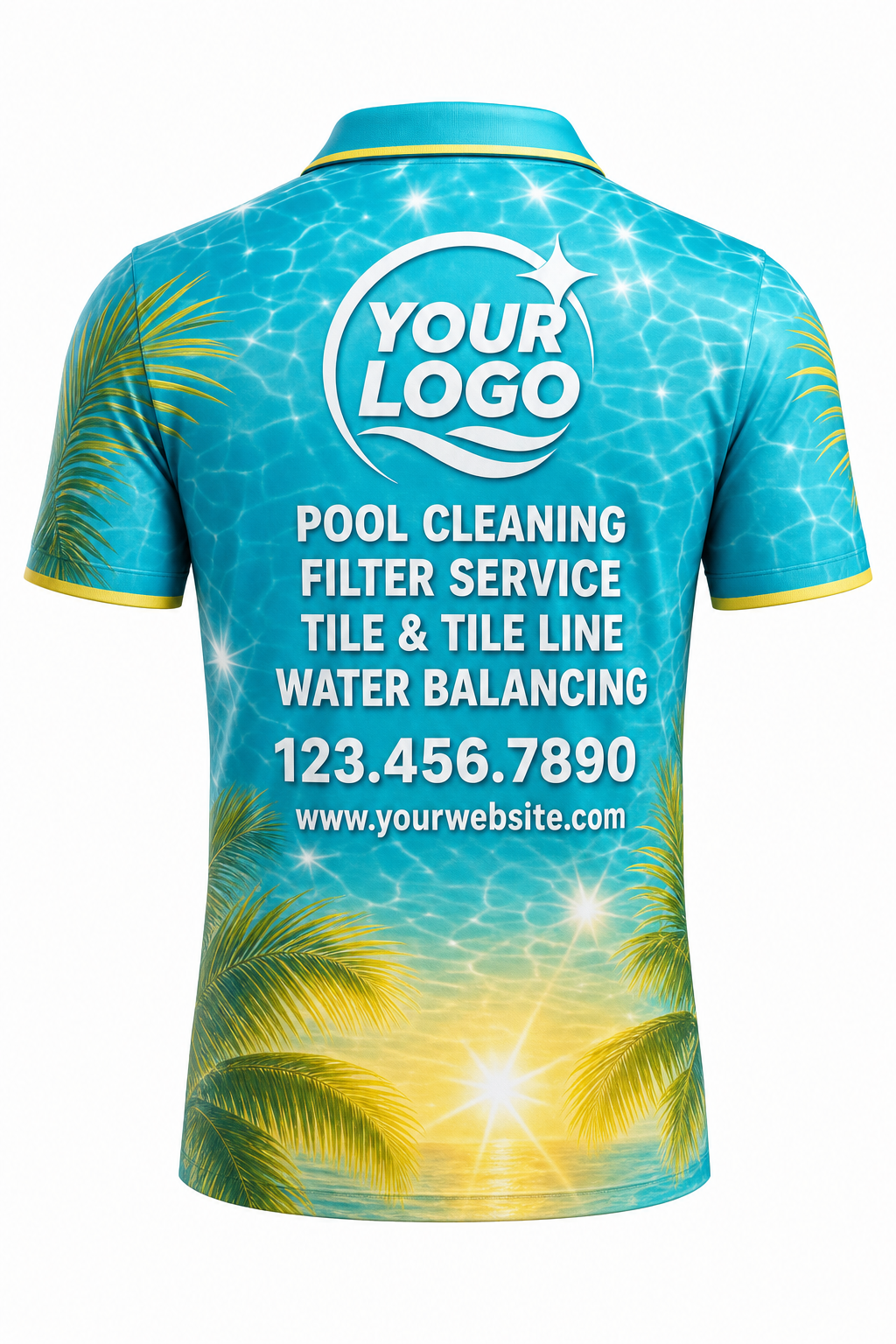 Tropical Sun Sparkle custom pool cleaning crew uniform polo shirt — back (polo-back)