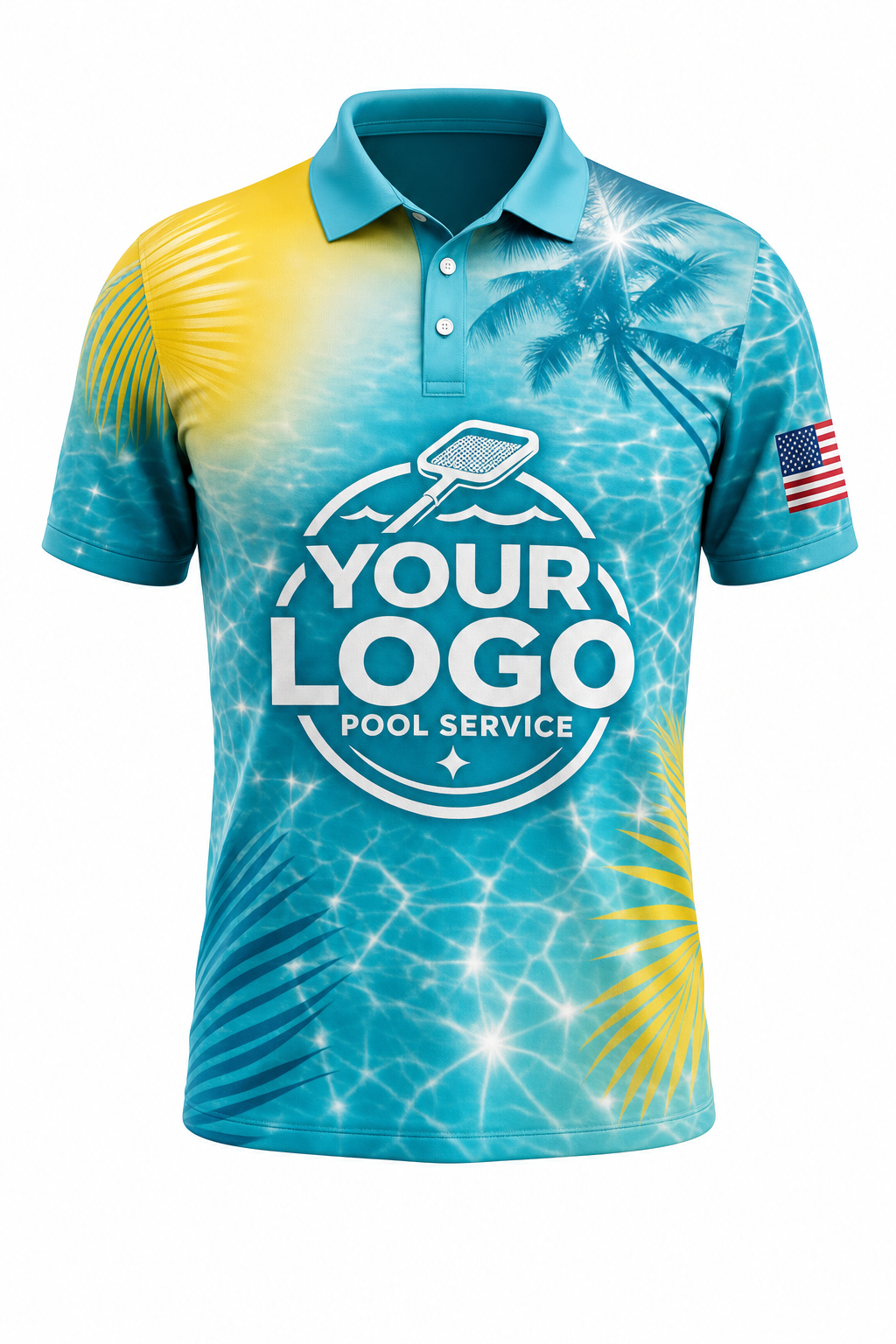 Tropical Sun Sparkle custom pool cleaning crew uniform polo shirt — front (polo-front)