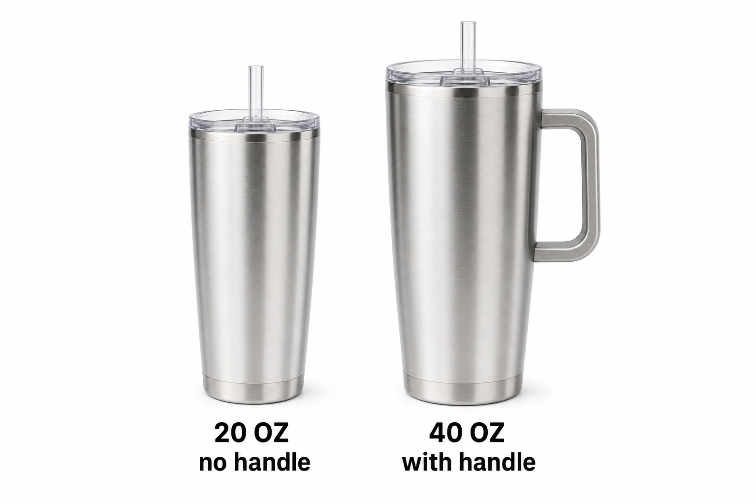 20 oz tumbler without handle next to taller 40 oz tumbler with handle