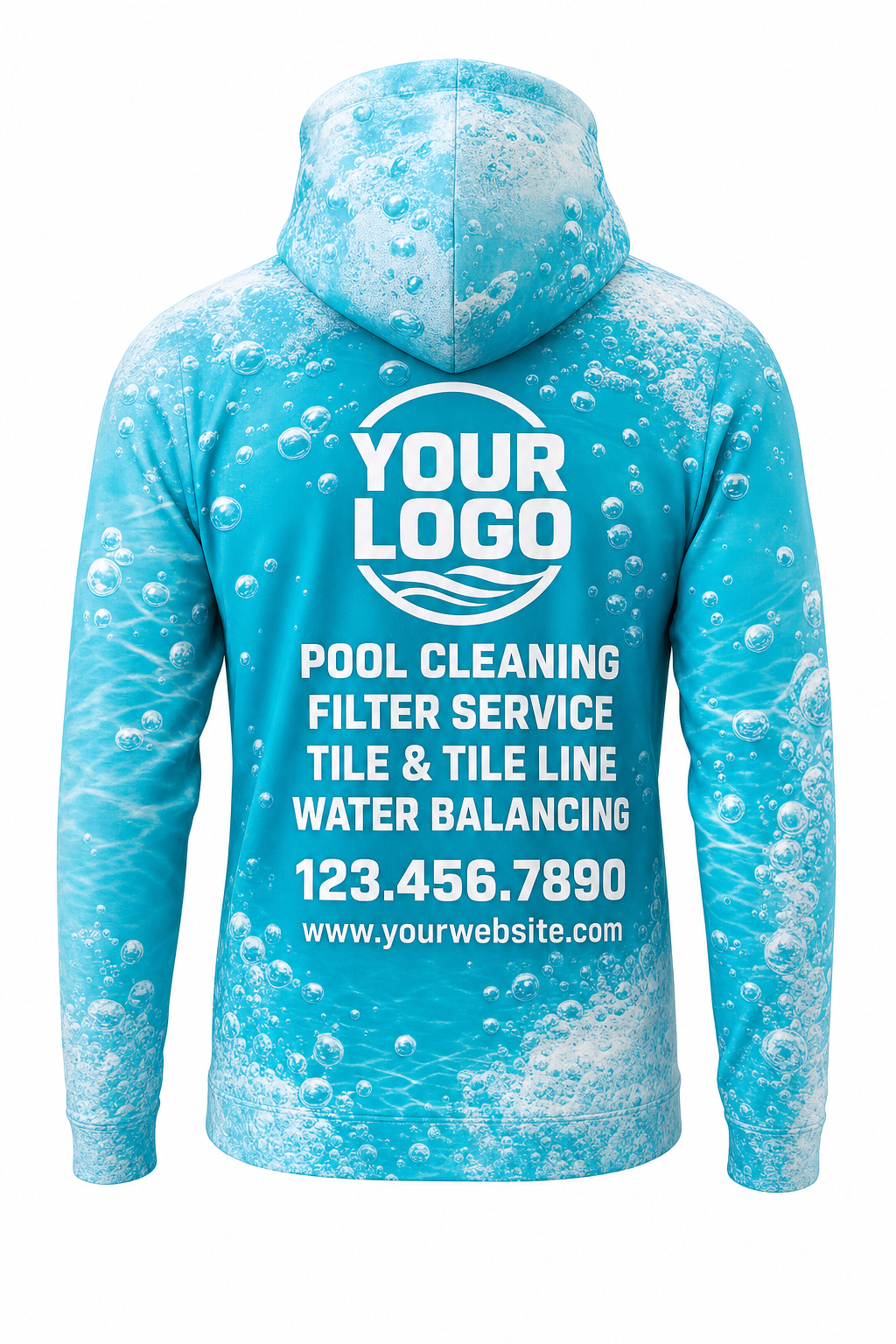 Turquoise Bubbles custom pool cleaning crew uniform hoodie — back (hoodie-back)