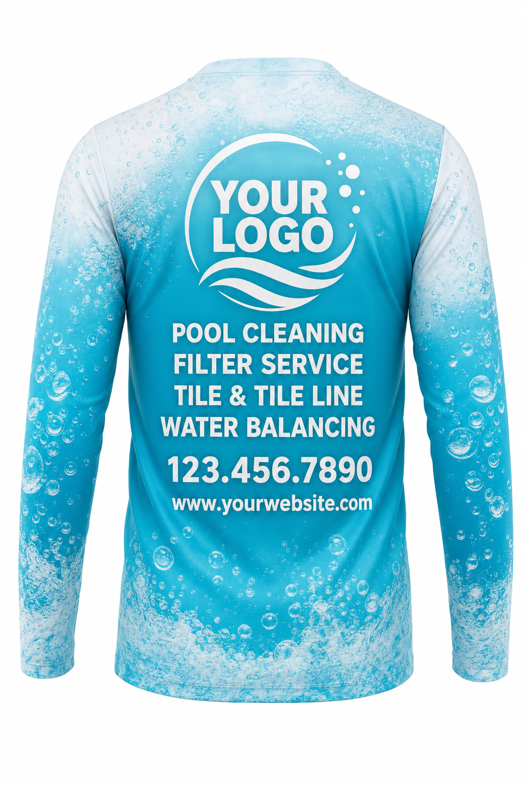 Turquoise Bubbles custom pool cleaning crew uniform long-sleeve shirt — back (longsleeve-back)