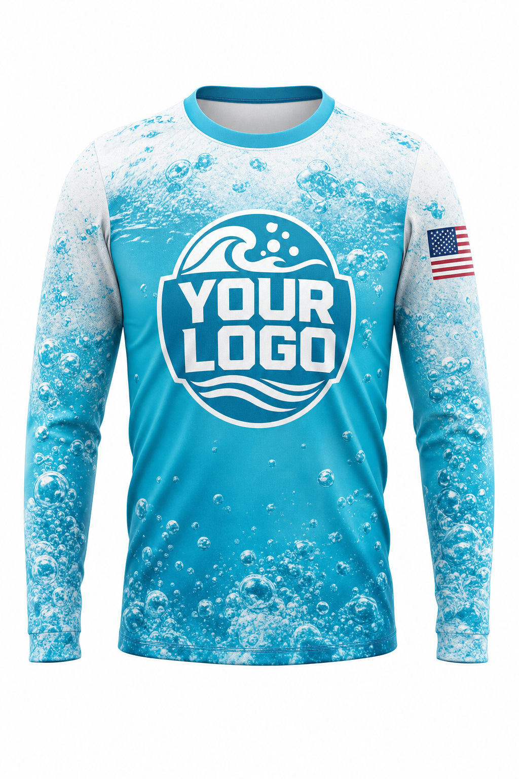Turquoise Bubbles custom pool cleaning crew uniform long-sleeve shirt — front (longsleeve-front)