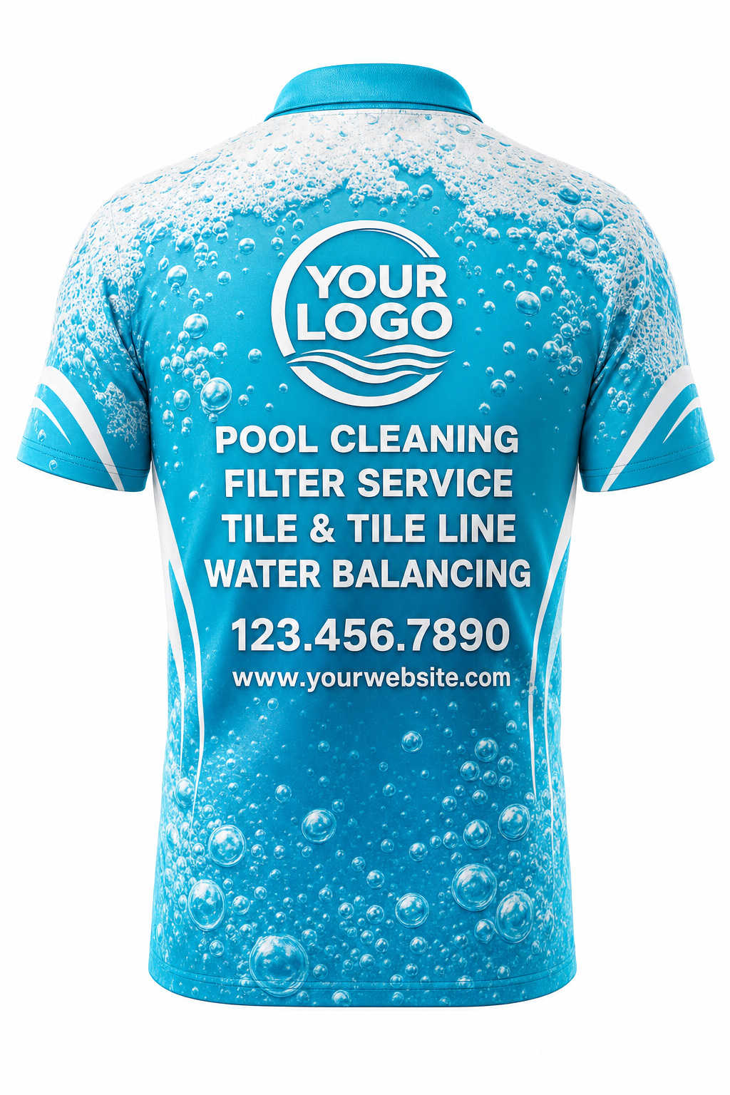 Turquoise Bubbles custom pool cleaning crew uniform polo shirt — back (polo-back)