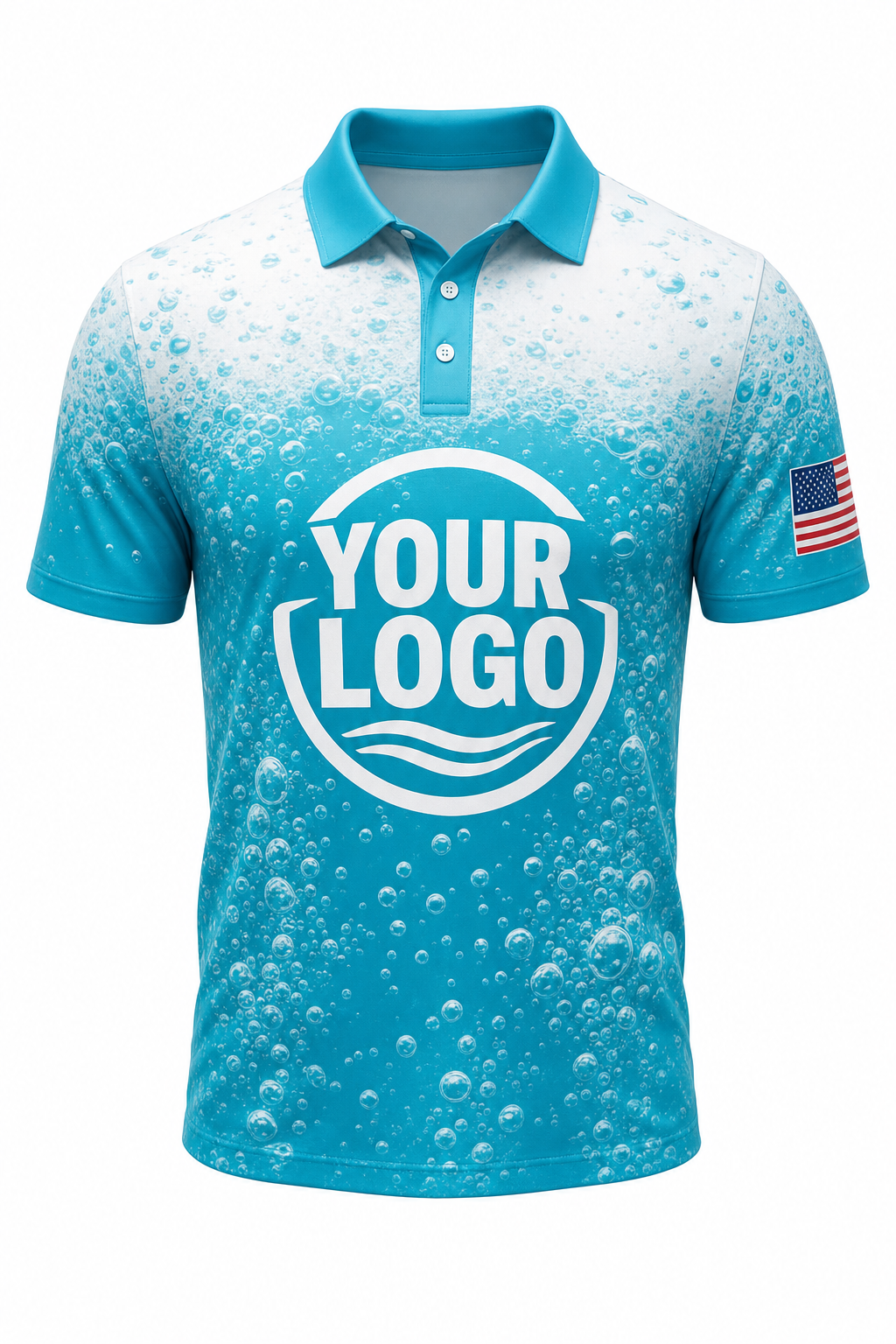 Turquoise Bubbles custom pool cleaning crew uniform polo shirt — front (polo-front)