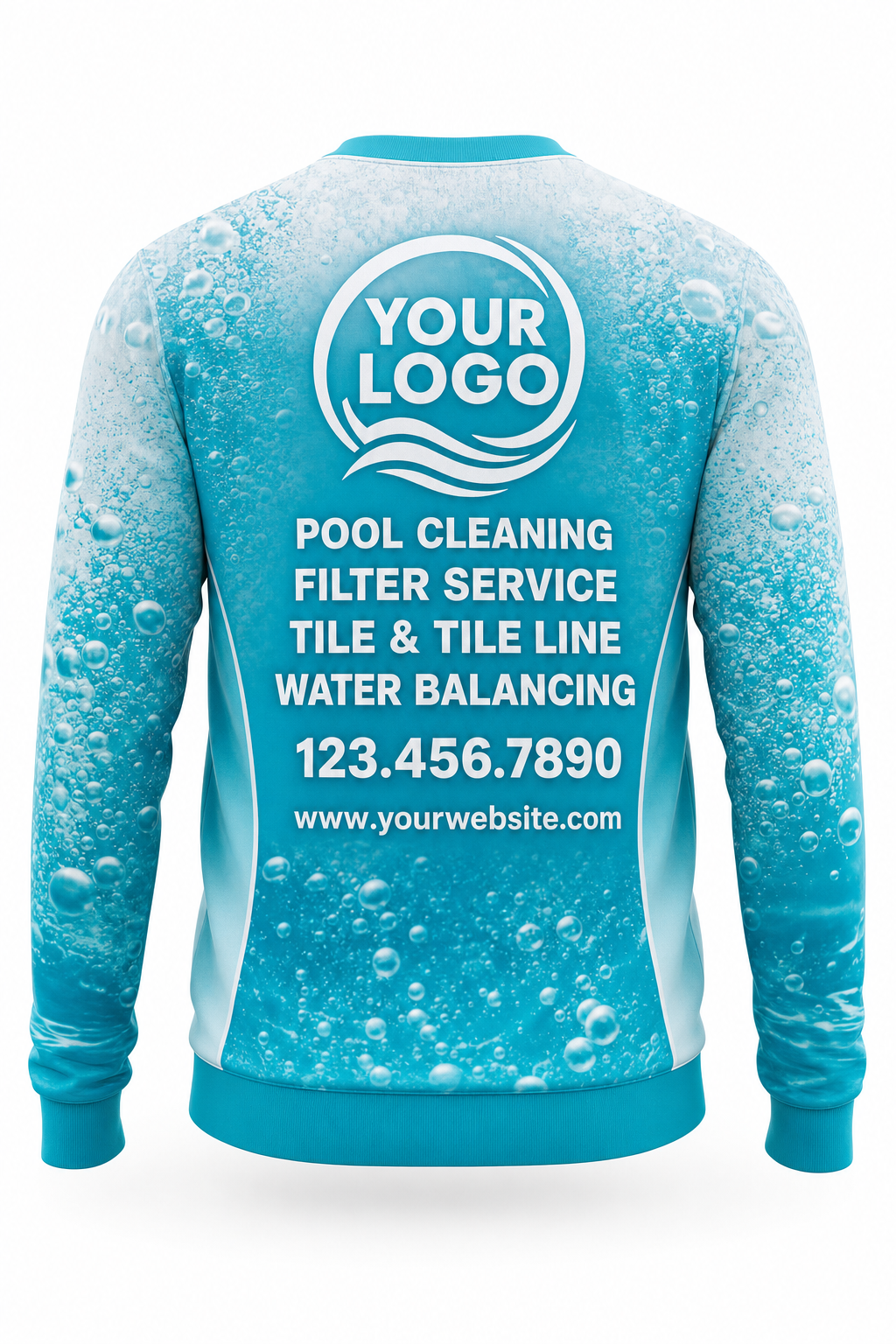 Turquoise Bubbles custom pool cleaning crew uniform sweatshirt — back (sweatshirt-back)