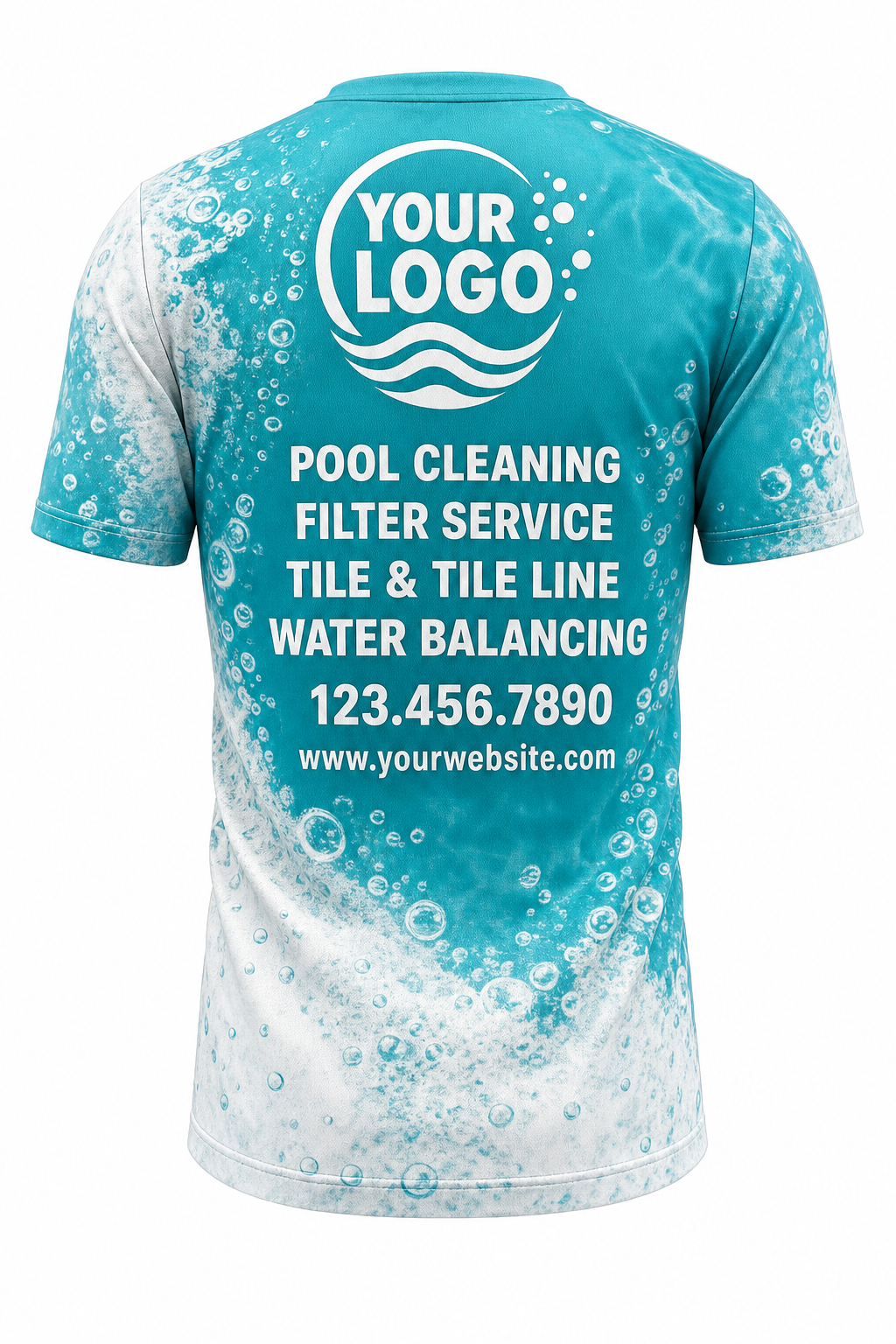 Turquoise Bubbles custom pool cleaning crew uniform t-shirt — back (tee-back)