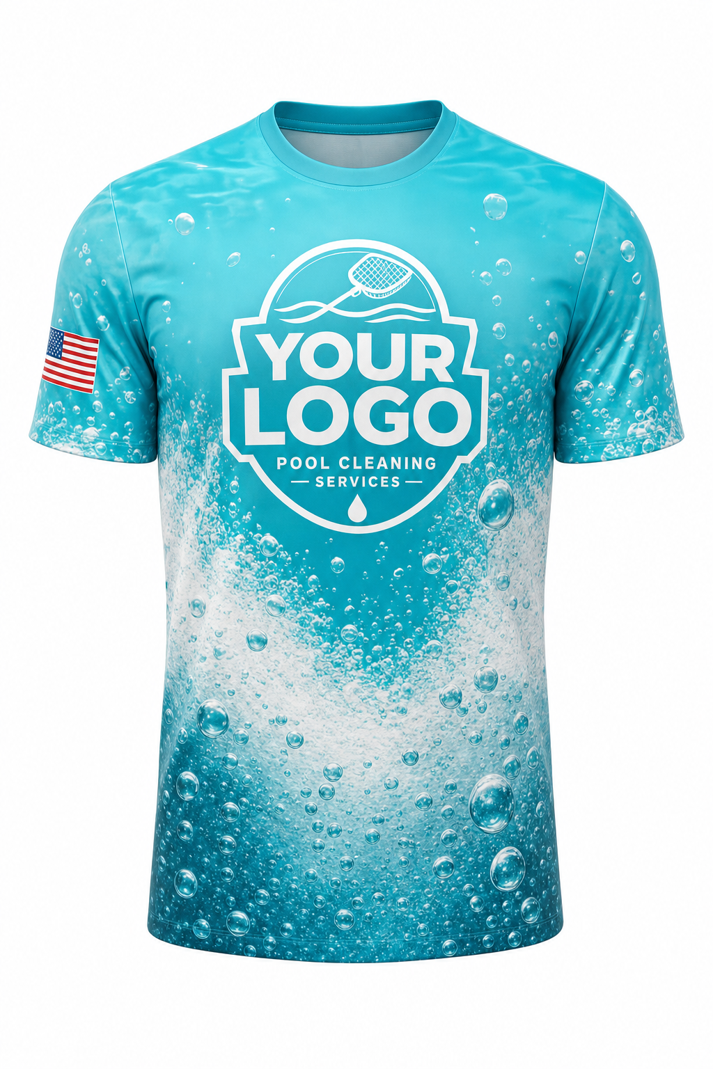 Turquoise Bubbles custom pool cleaning crew uniform t-shirt — front (tee-front)