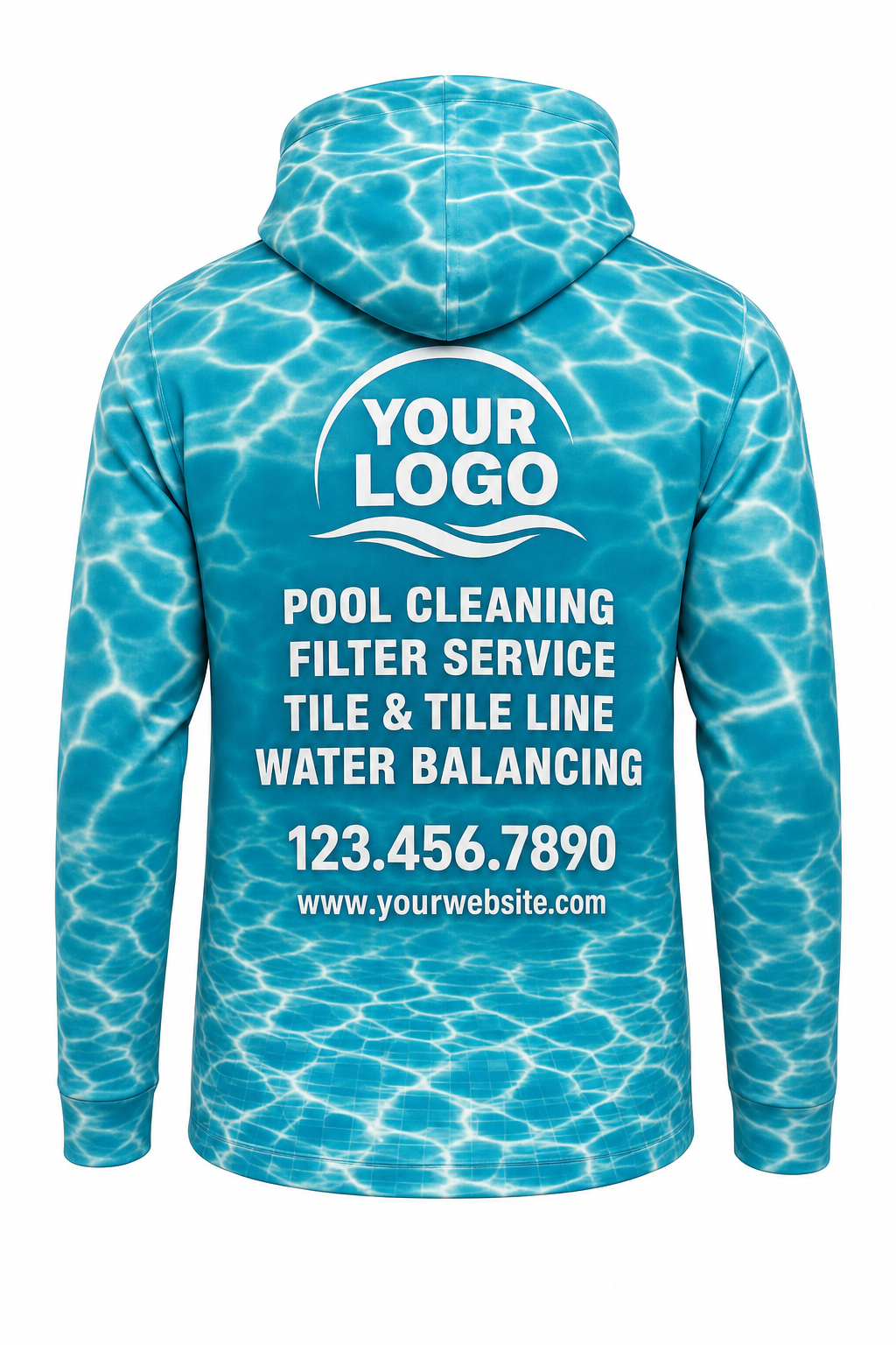 Turquoise Caustics custom pool cleaning crew uniform hoodie — back (hoodie-back)