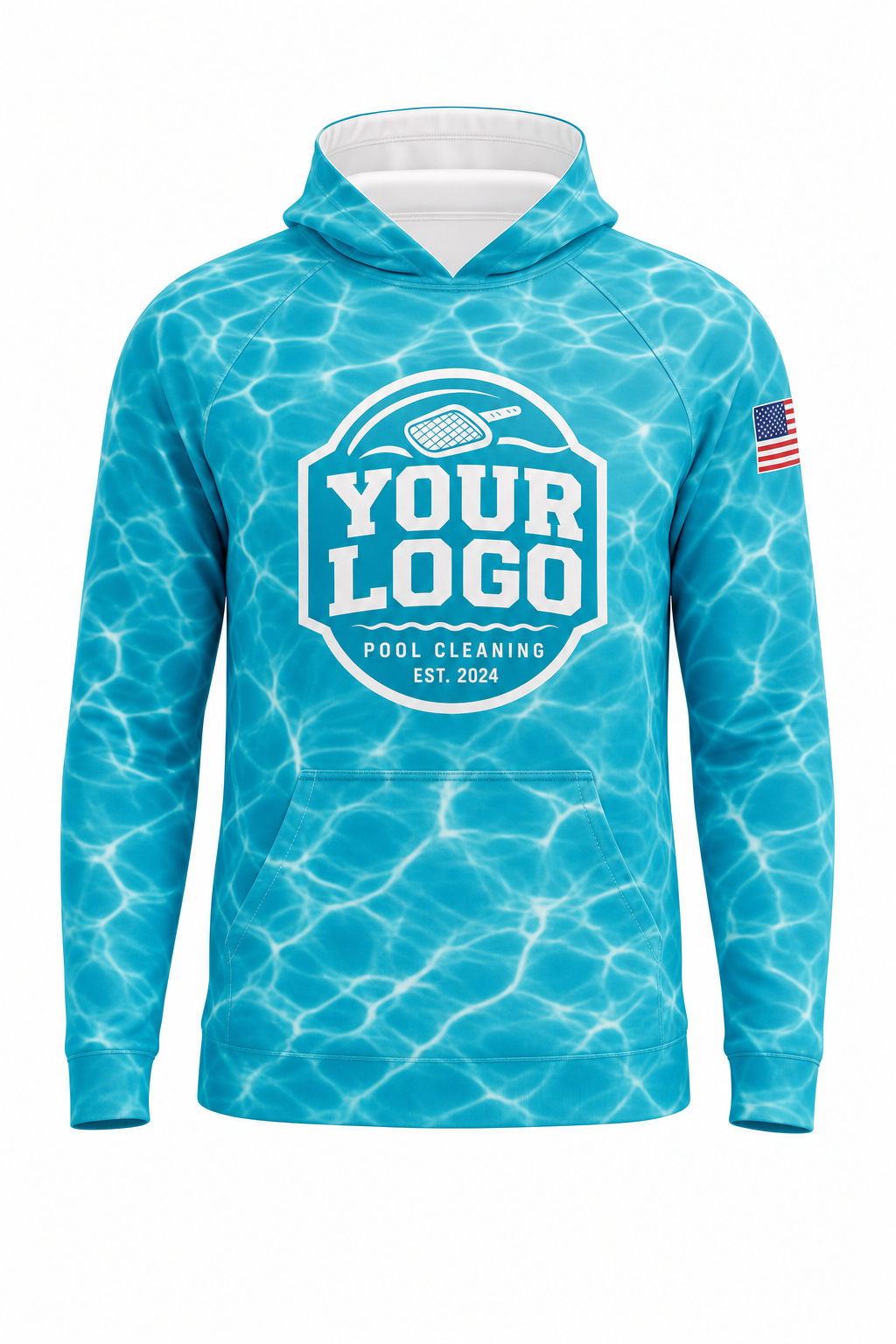 Turquoise Caustics custom pool cleaning crew uniform hoodie — front (hoodie-front)