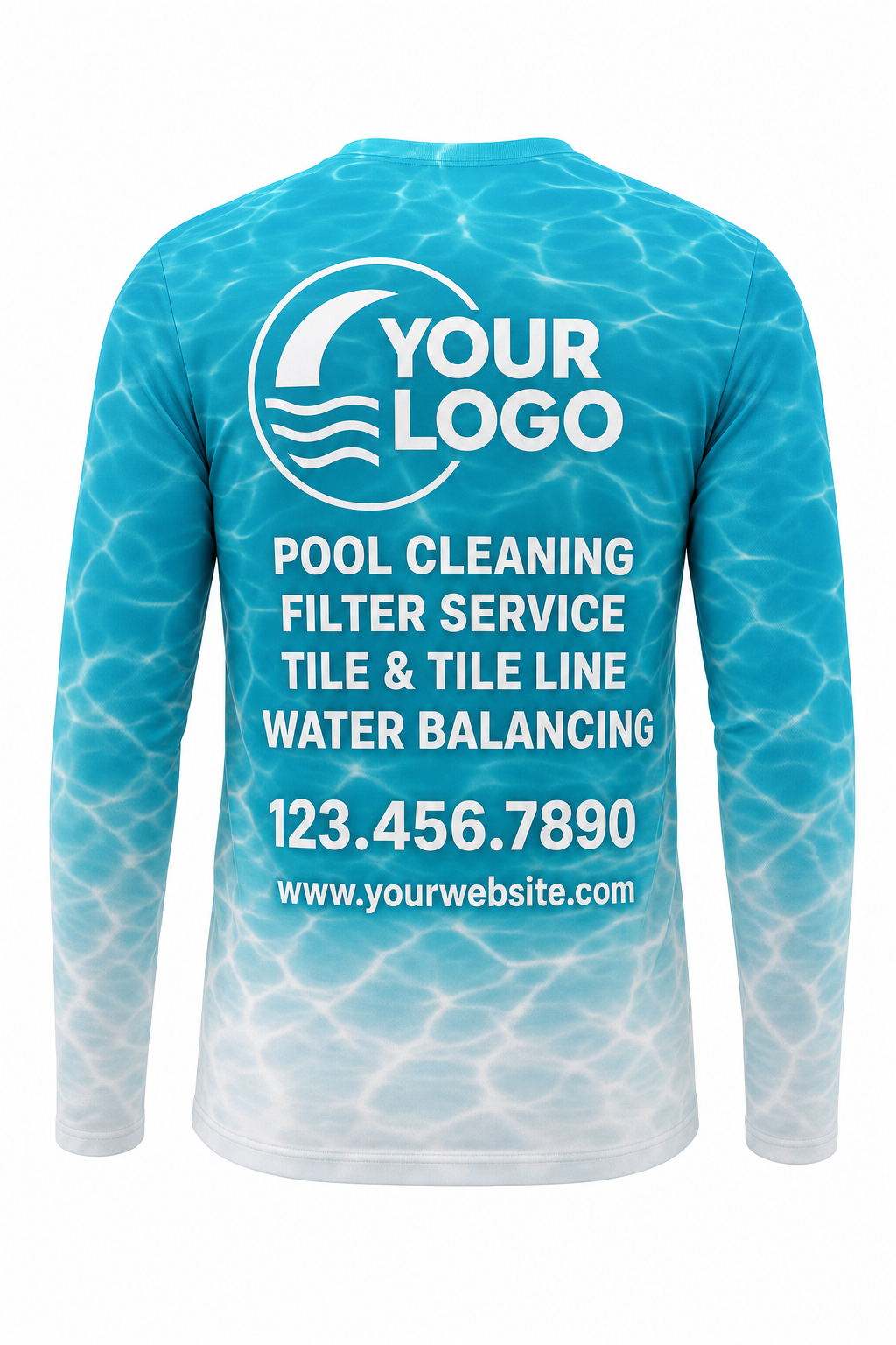 Turquoise Caustics custom pool cleaning crew uniform long-sleeve shirt — back (longsleeve-back)