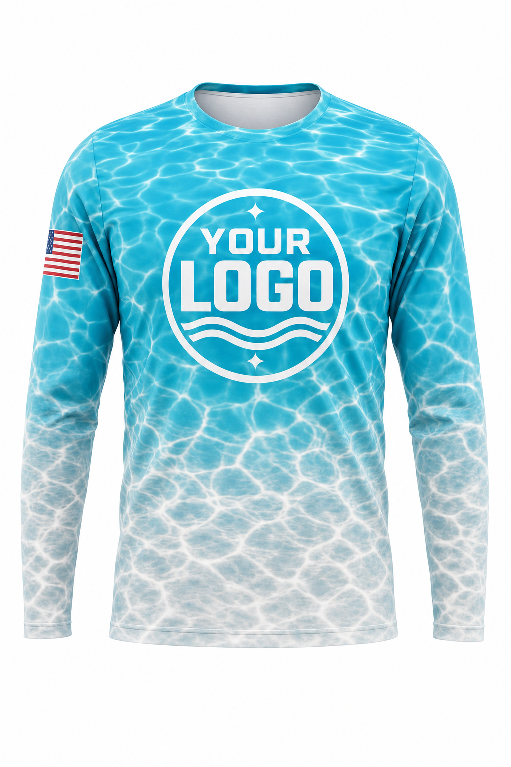 Turquoise Caustics custom pool cleaning crew uniform long-sleeve shirt — front (longsleeve-front)