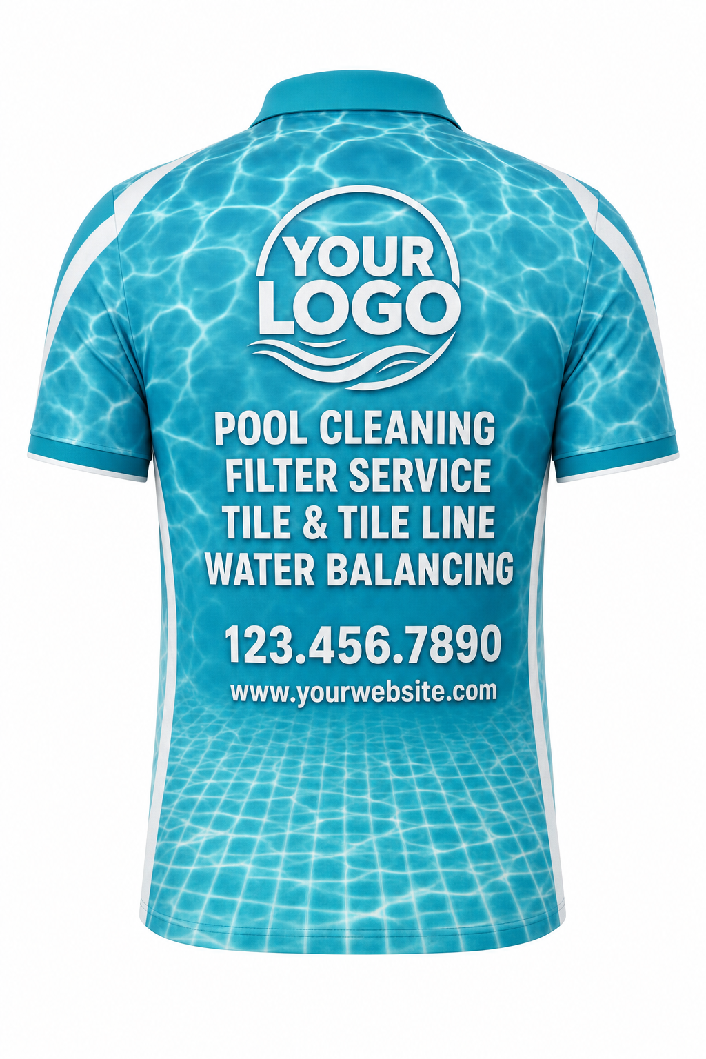 Turquoise Caustics custom pool cleaning crew uniform polo shirt — back (polo-back)