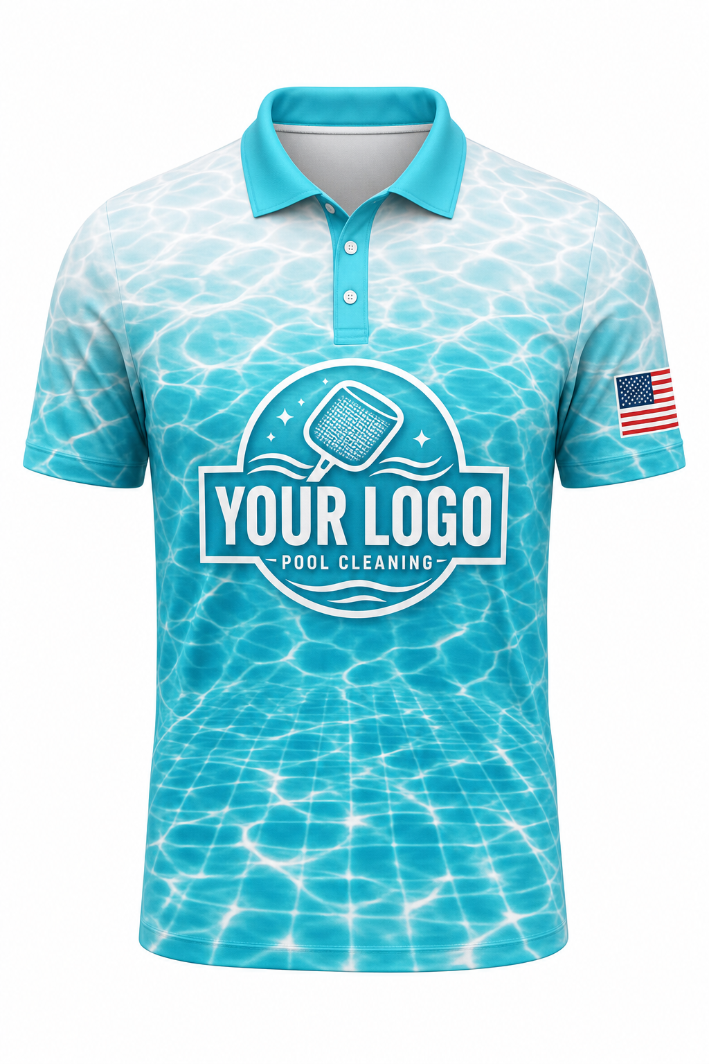 Turquoise Caustics custom pool cleaning crew uniform polo shirt — front (polo-front)