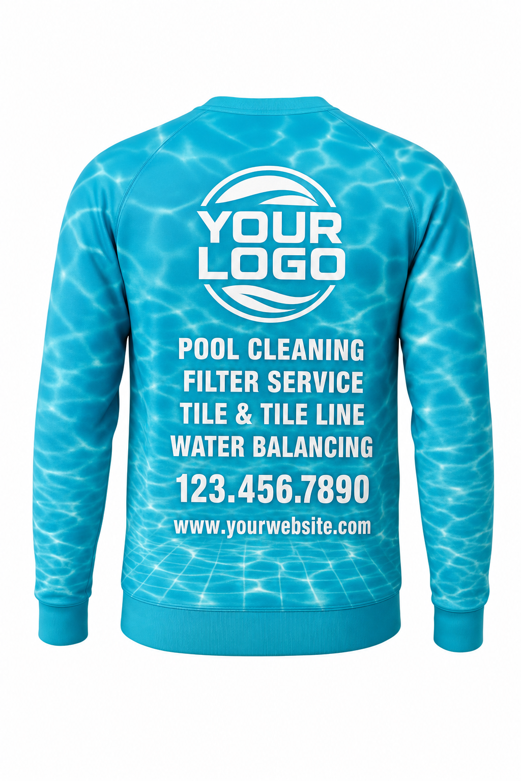 Turquoise Caustics custom pool cleaning crew uniform sweatshirt — back (sweatshirt-back)