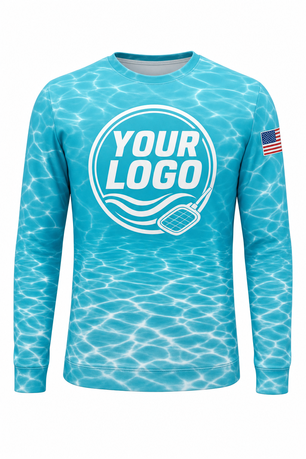 Turquoise Caustics custom pool cleaning crew uniform sweatshirt — front (sweatshirt-front)