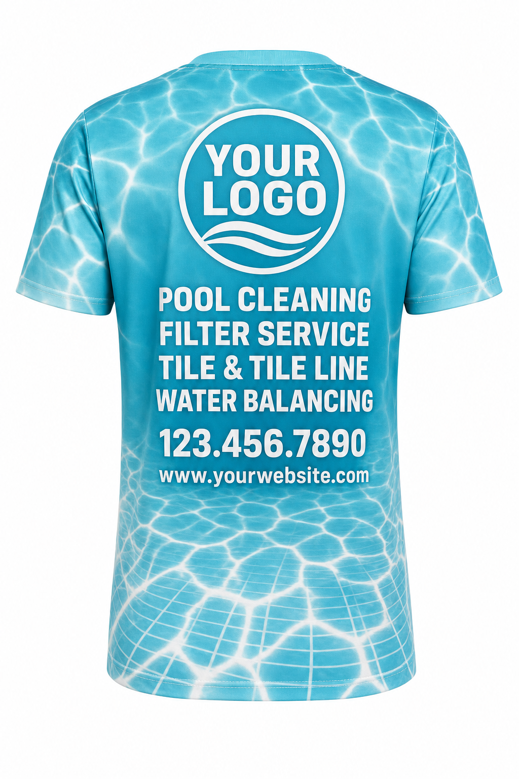 Turquoise Caustics custom pool cleaning crew uniform t-shirt — back (tee-back)
