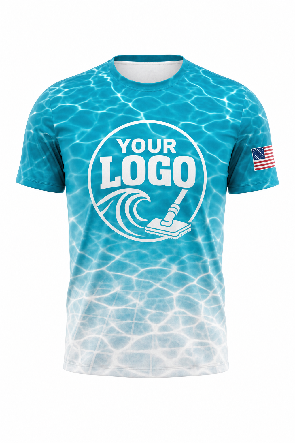 Turquoise Caustics custom pool cleaning crew uniform t-shirt — front (tee-front)