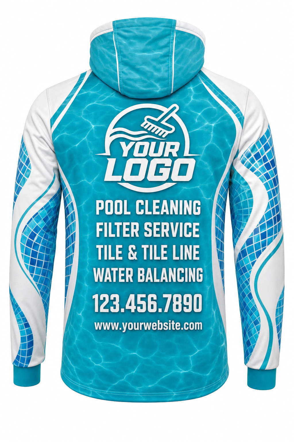 Turquoise Mosaic custom pool cleaning crew uniform hoodie — back (hoodie-back)
