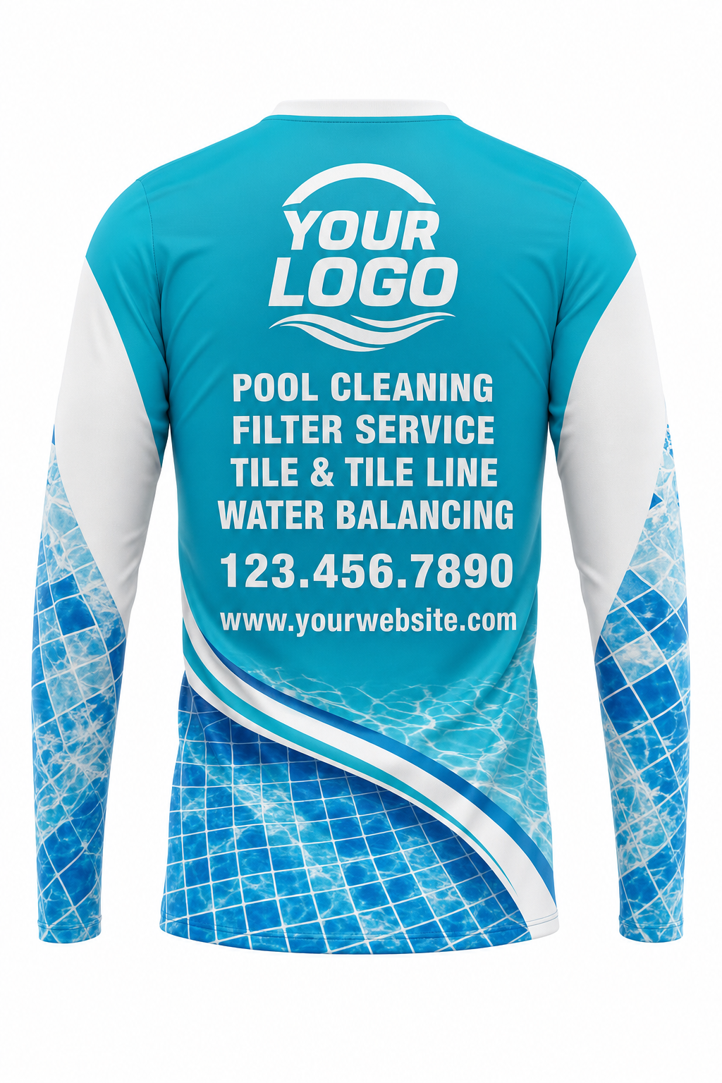 Turquoise Mosaic custom pool cleaning crew uniform long-sleeve shirt — back (longsleeve-back)