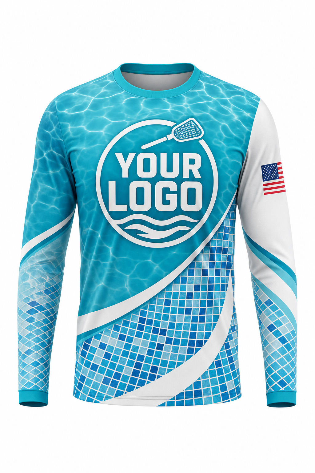 Turquoise Mosaic custom pool cleaning crew uniform long-sleeve shirt — front (longsleeve-front)