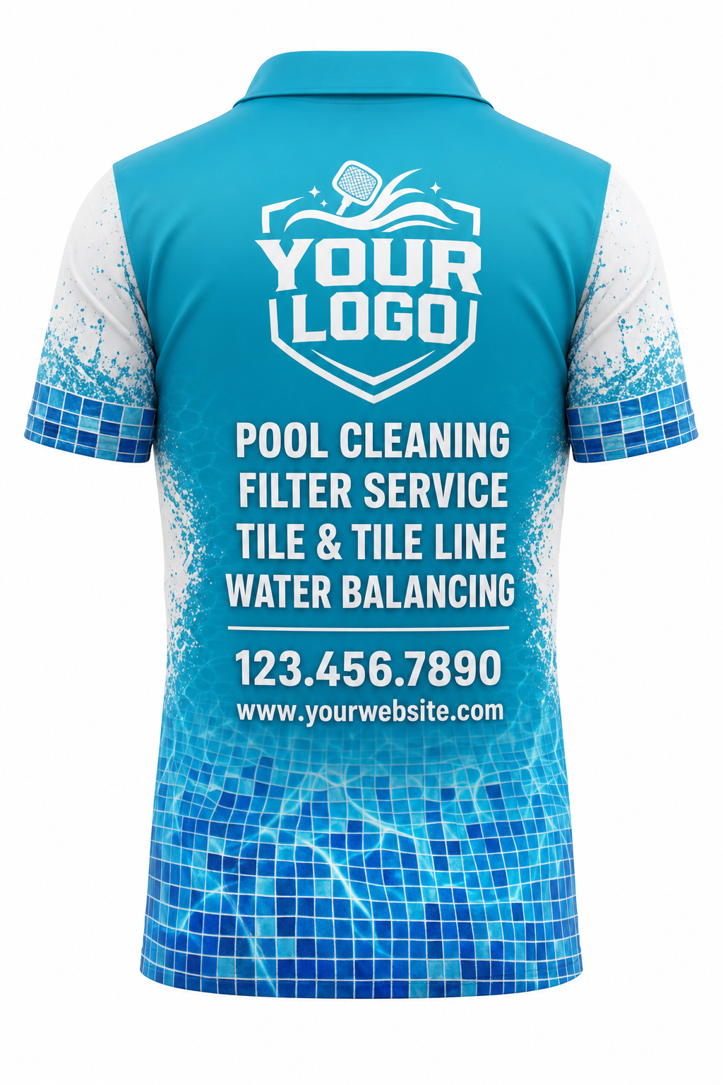 Turquoise Mosaic custom pool cleaning crew uniform polo shirt — back (polo-back)