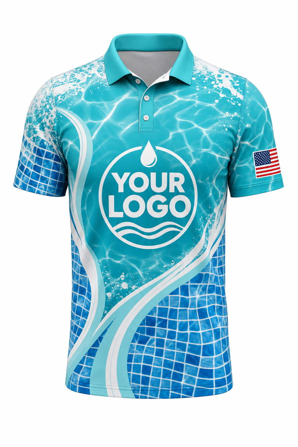 Turquoise Mosaic custom pool cleaning crew uniform polo shirt — front (polo-front)
