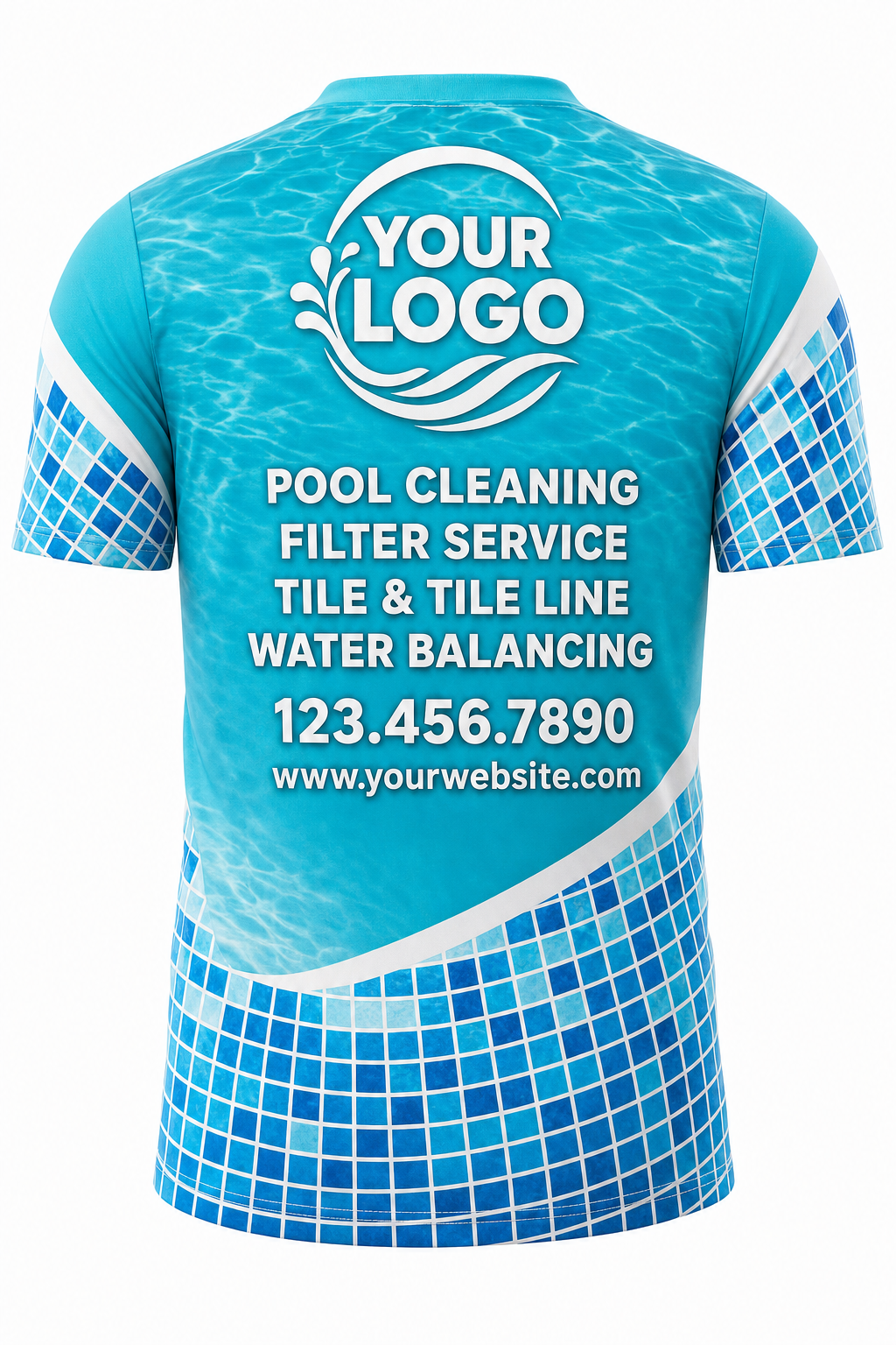 Turquoise Mosaic custom pool cleaning crew uniform t-shirt — back (tee-back)