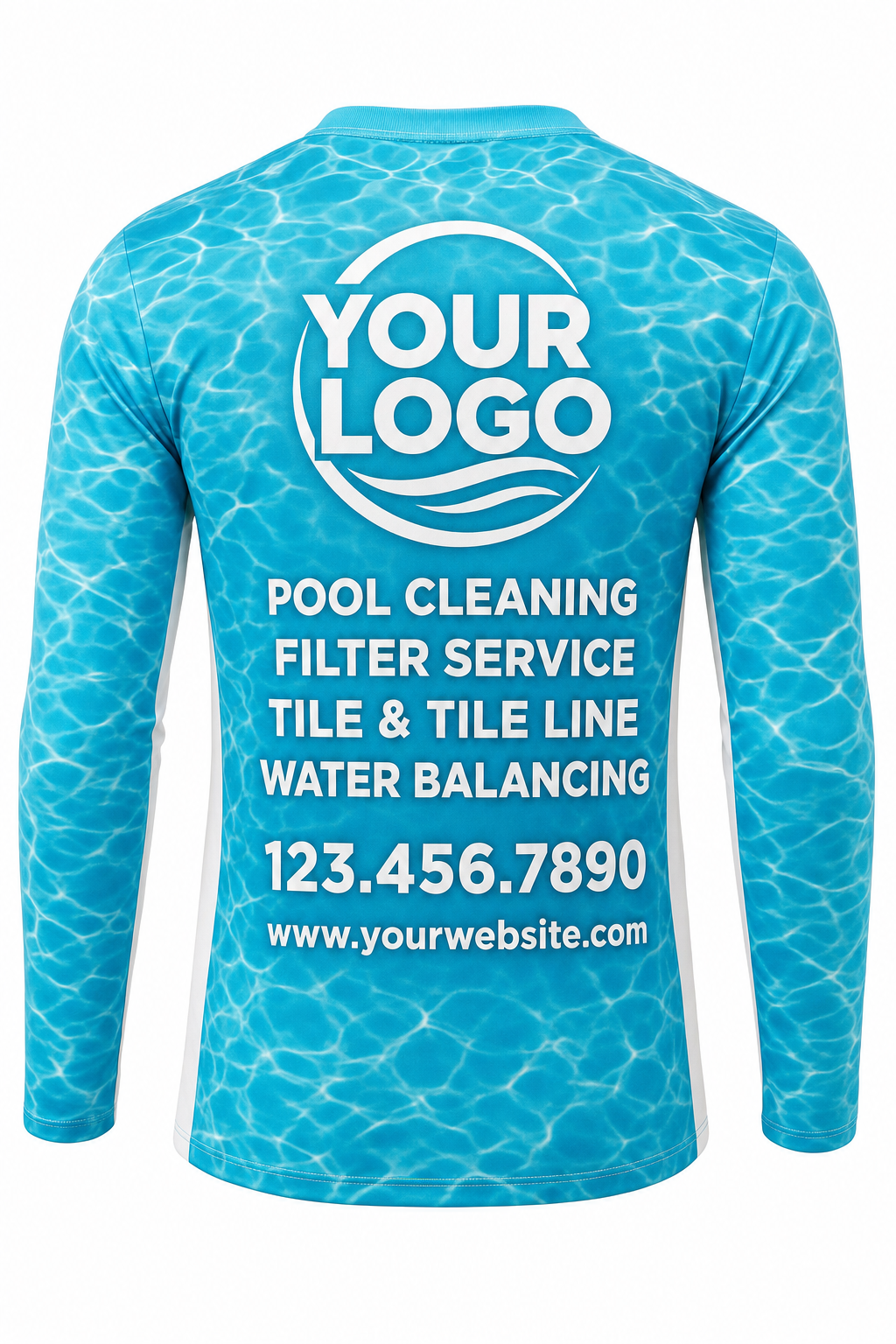 Turquoise Ripple custom pool cleaning crew uniform long-sleeve shirt — back (longsleeve-back)