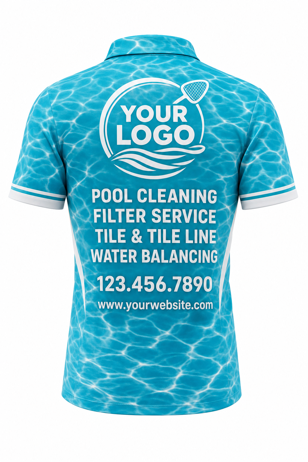 Turquoise Ripple custom pool cleaning crew uniform polo shirt — back (polo-back)