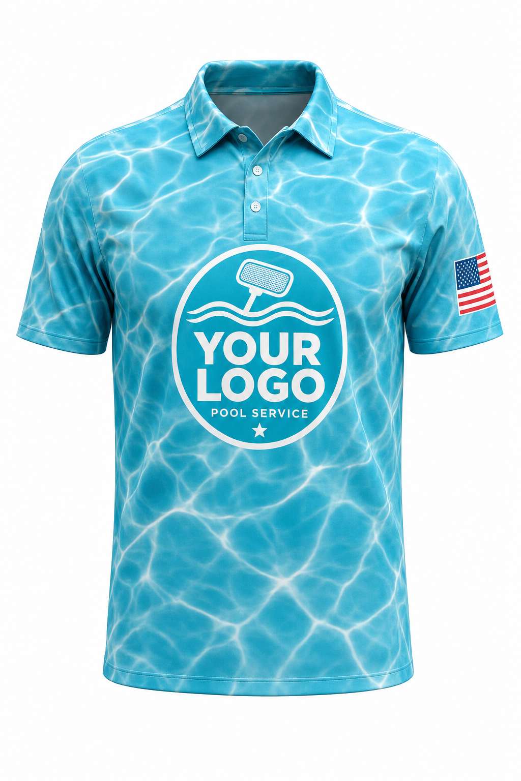 Turquoise Ripple custom pool cleaning crew uniform polo shirt — front (polo-front)