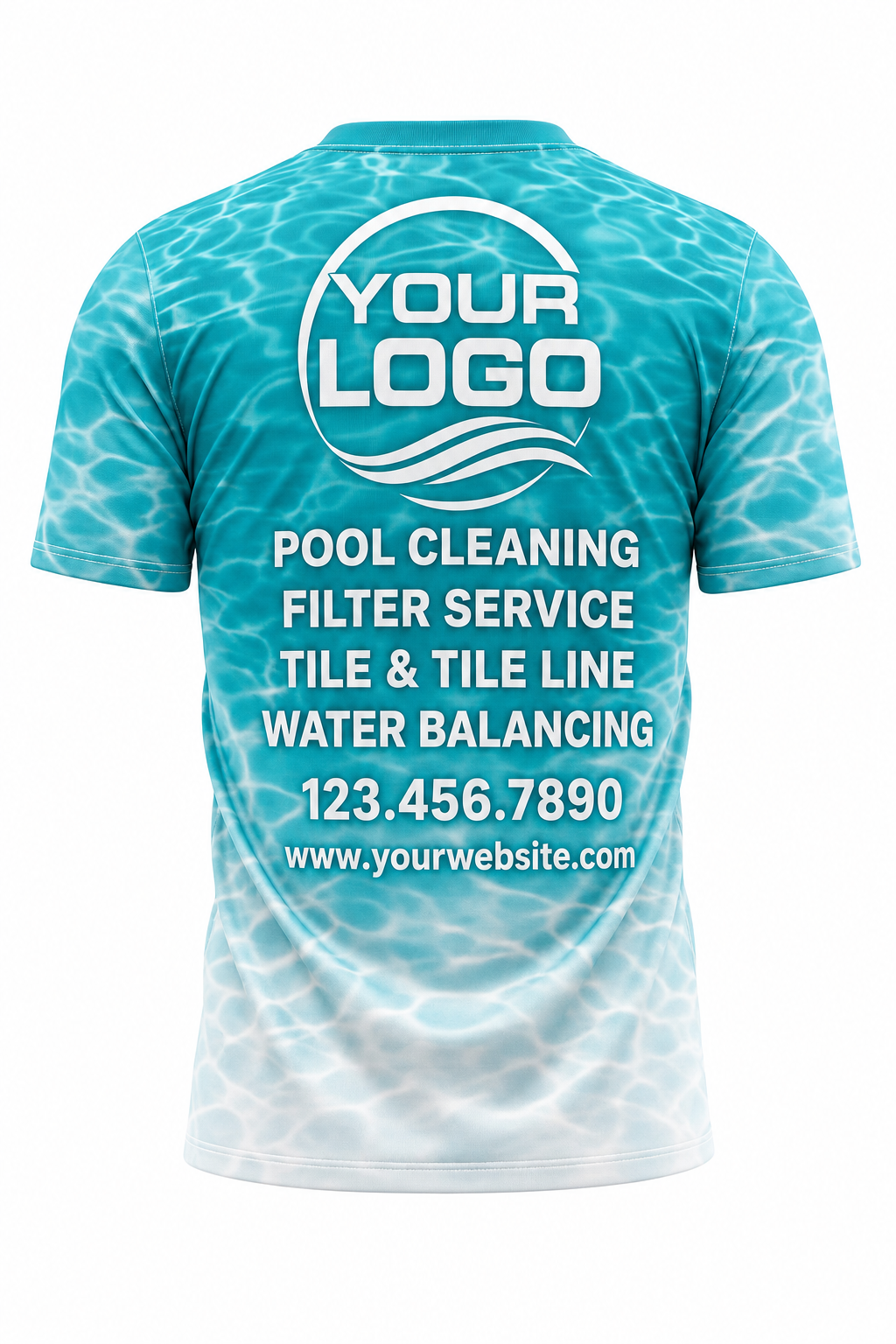 Turquoise Ripple custom pool cleaning crew uniform t-shirt — back (tee-back)