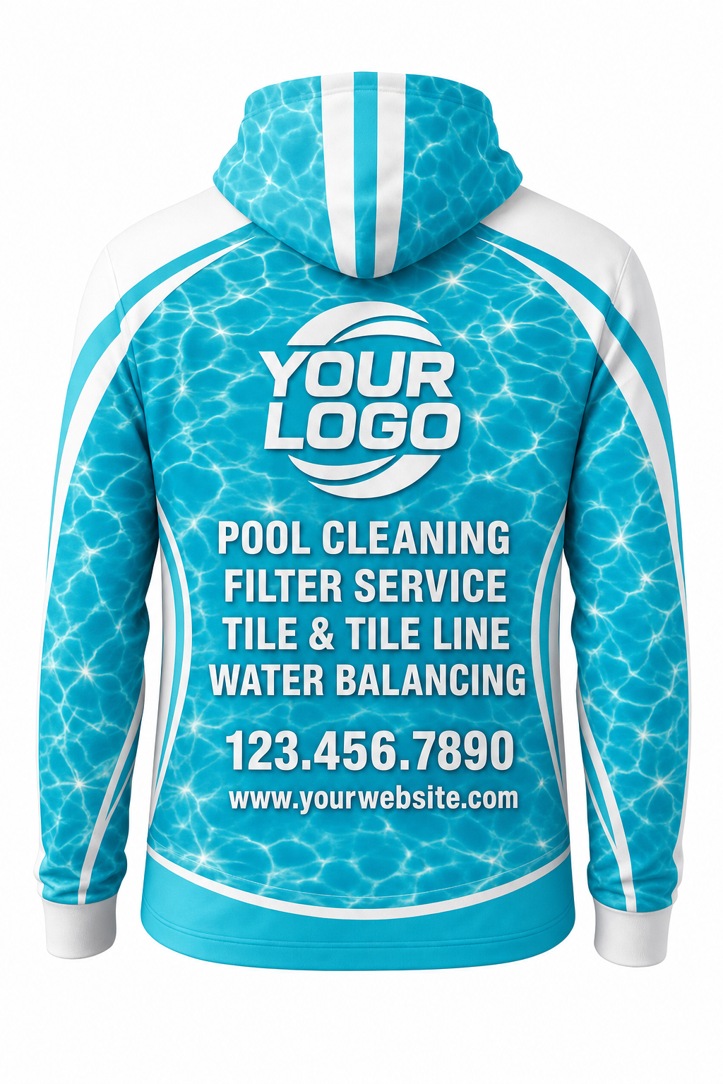 Turquoise Sun Sparkle custom pool cleaning crew uniform hoodie — back (hoodie-back)