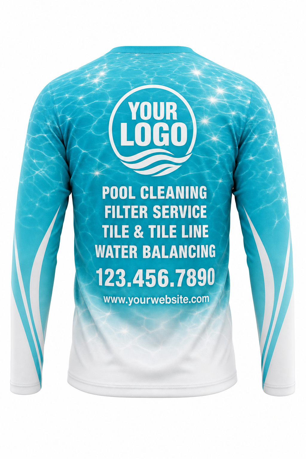 Turquoise Sun Sparkle custom pool cleaning crew uniform long-sleeve shirt — back (longsleeve-back)