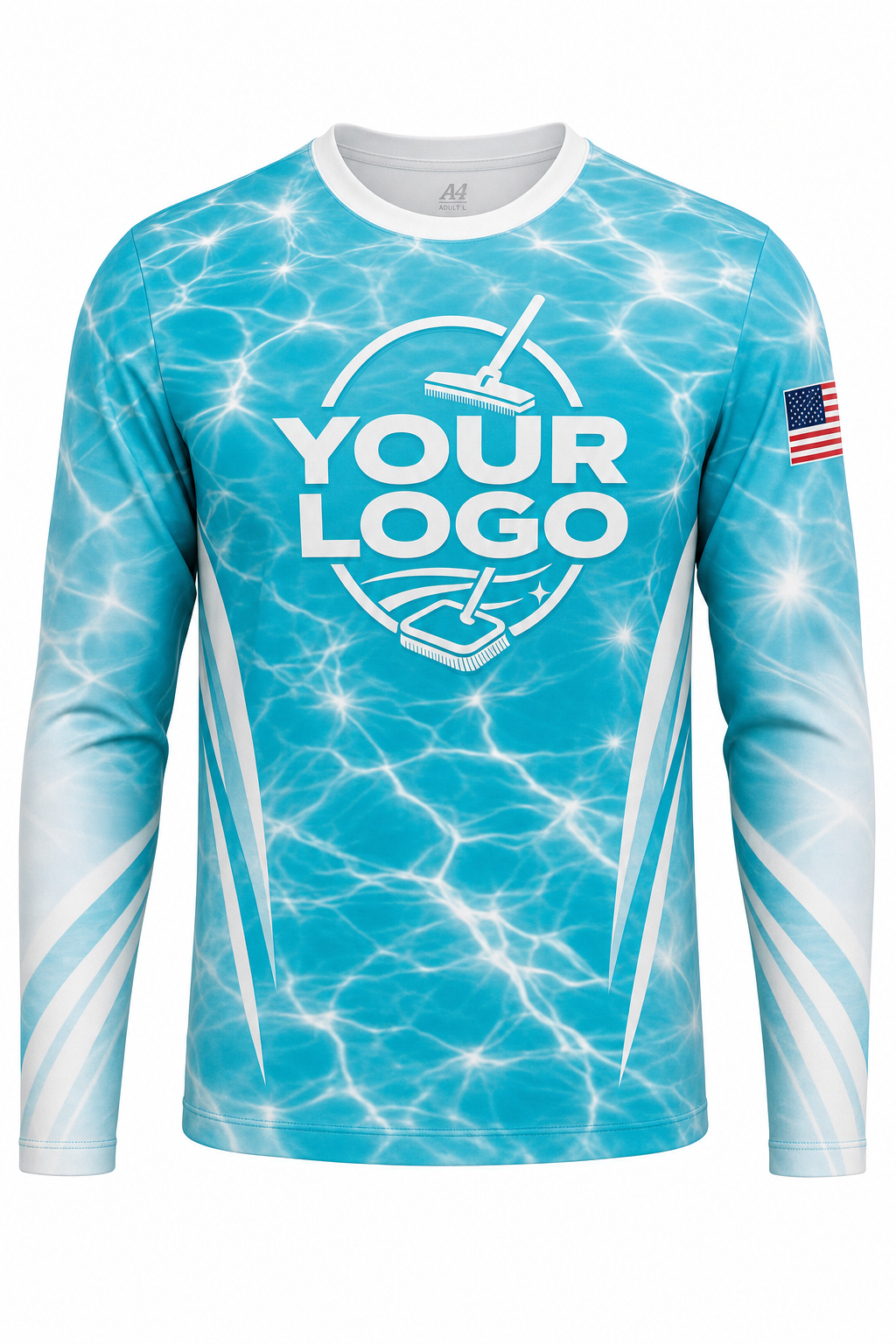 Turquoise Sun Sparkle custom pool cleaning crew uniform long-sleeve shirt — front (longsleeve-front)