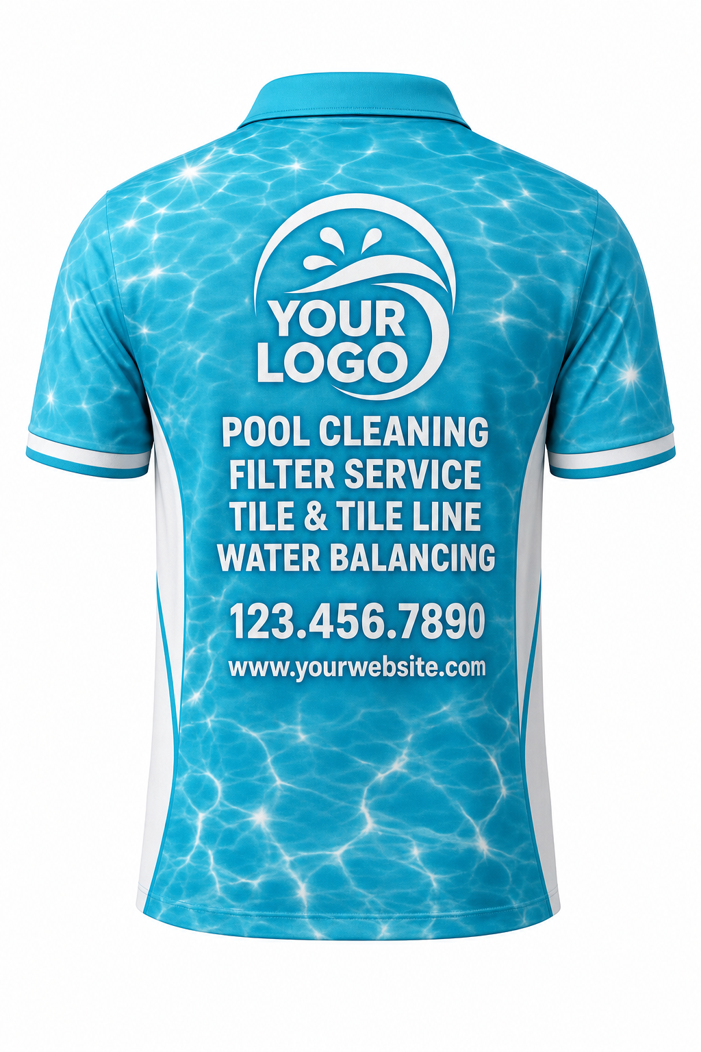 Turquoise Sun Sparkle custom pool cleaning crew uniform polo shirt — back (polo-back)