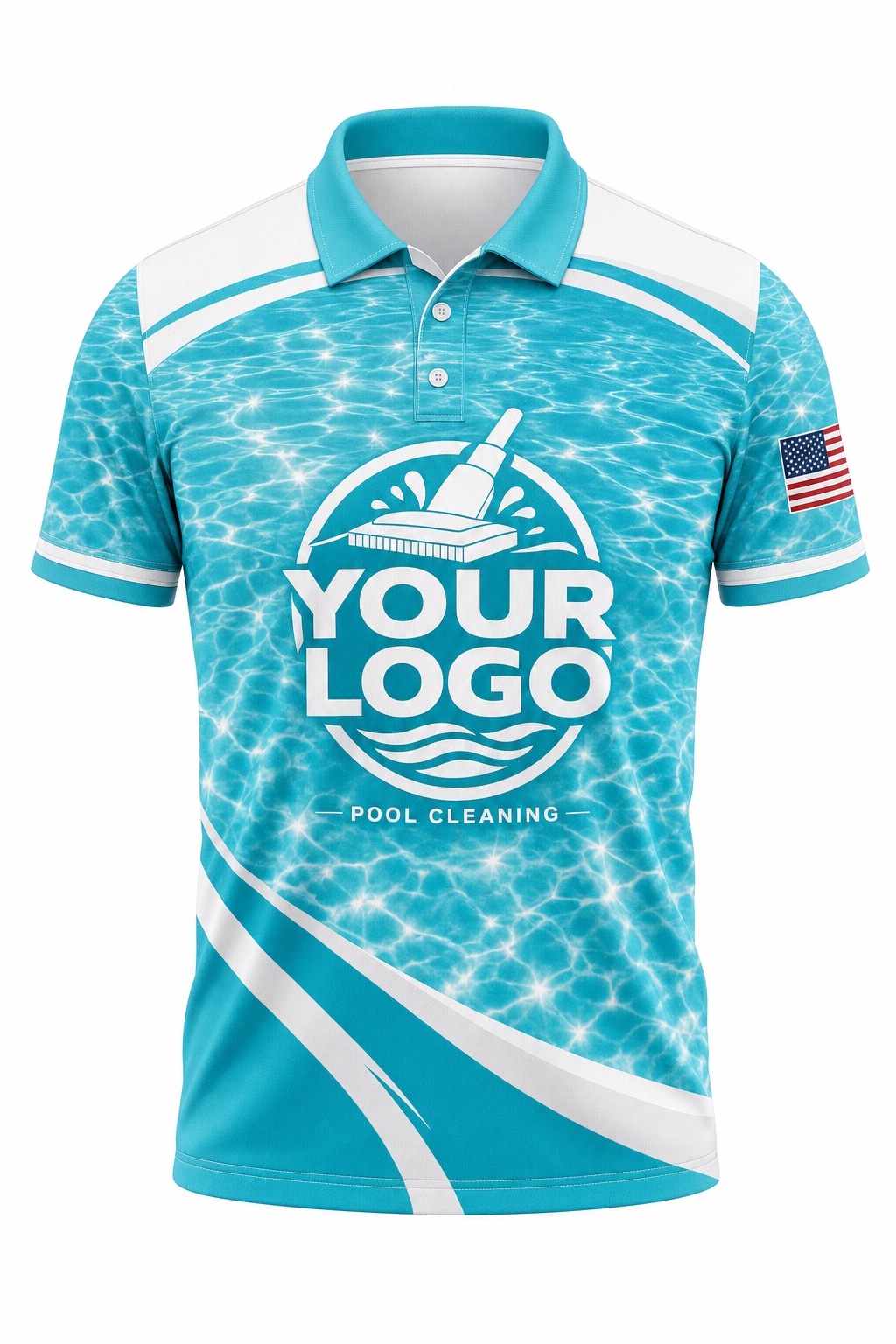 Turquoise Sun Sparkle custom pool cleaning crew uniform polo shirt — front (polo-front)