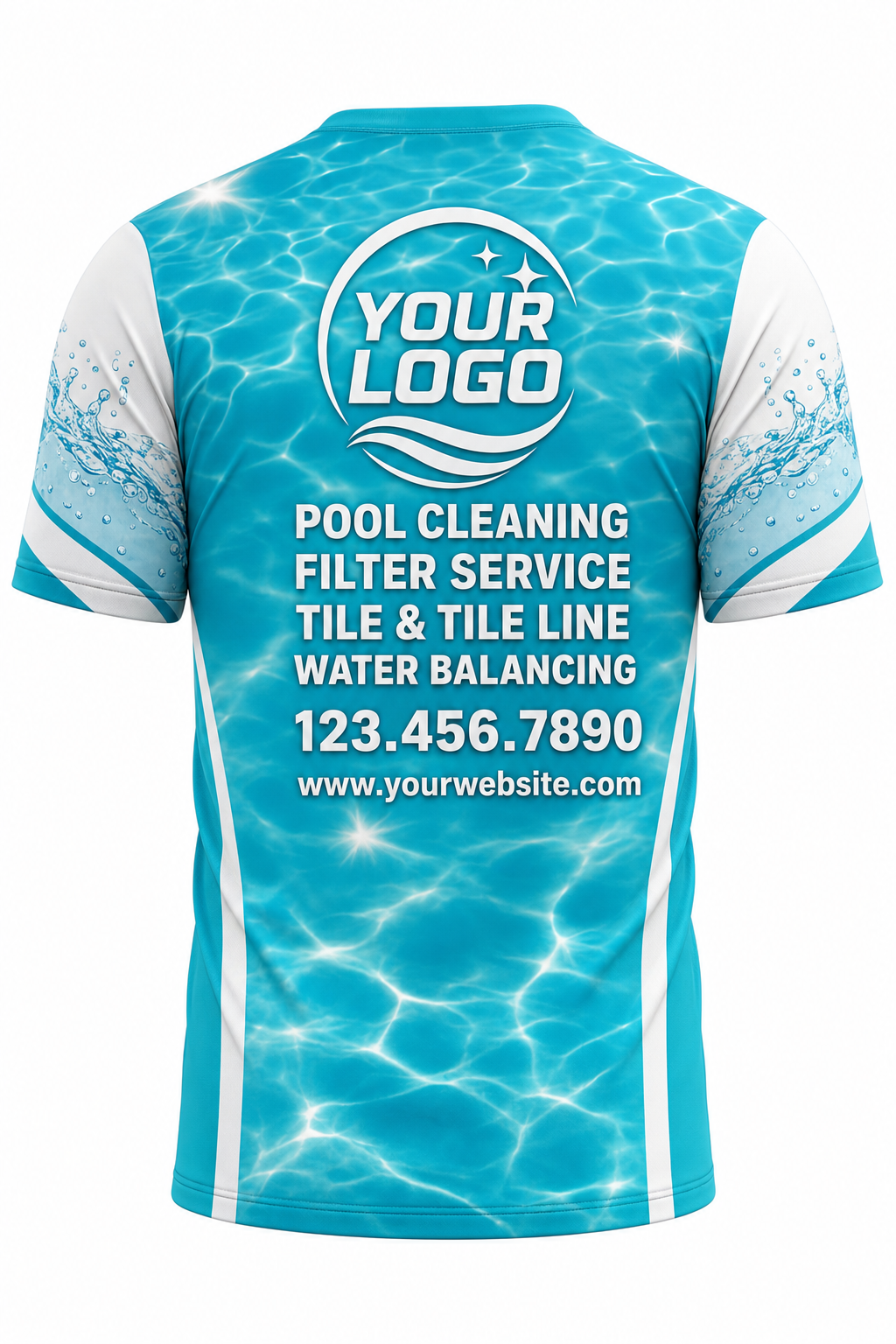 Turquoise Sun Sparkle custom pool cleaning crew uniform t-shirt — back (tee-back)
