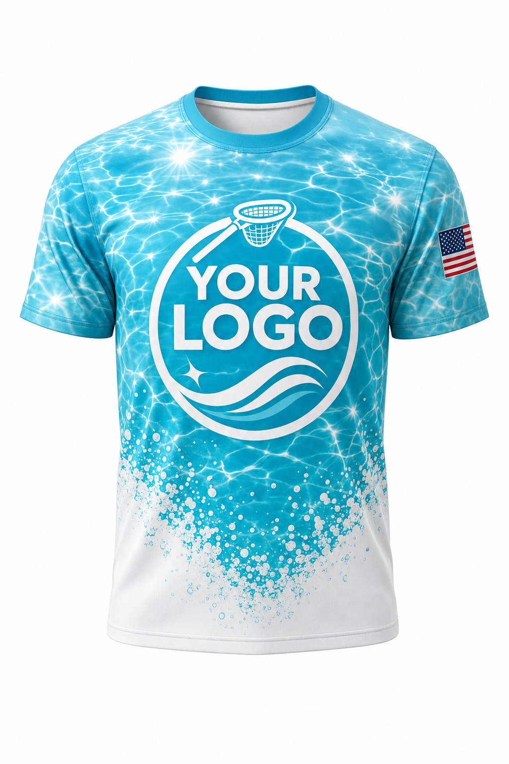 Turquoise Sun Sparkle custom pool cleaning crew uniform t-shirt — front (tee-front)