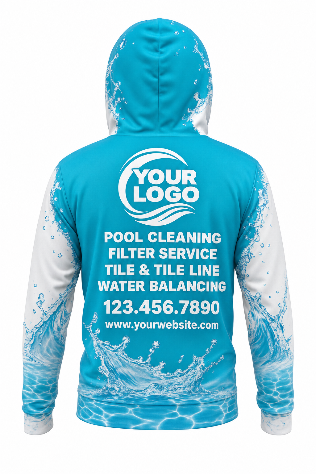 Turquoise Splash custom pool cleaning crew uniform hoodie — back (hoodie-back)